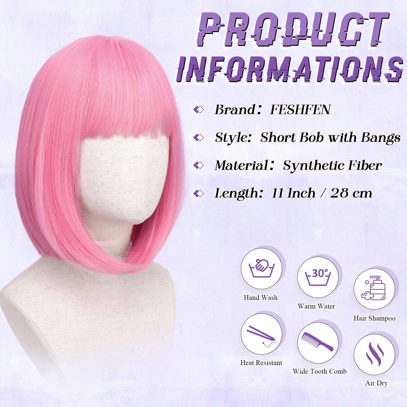 FESHFEN Rosa Claro Corta Bob Pelucas con Flequillo, 30 cm Vistoso Bob Corto de Neón Sintética Peluca para Mujer Festivo Fiesta Disfraz Diario Cosplay Wear Carnaval Light Pink