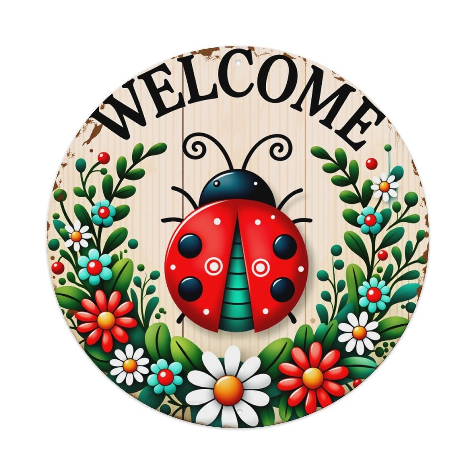 Ladybug Flowers Welcome Sign Pattern Print Round Vintage Tin Sign,Retro Wall Art,Metal Poster for Home, Bar, Garage, Cafe, Rustic Indoor & Outdoor Decor, 8x8 Inches