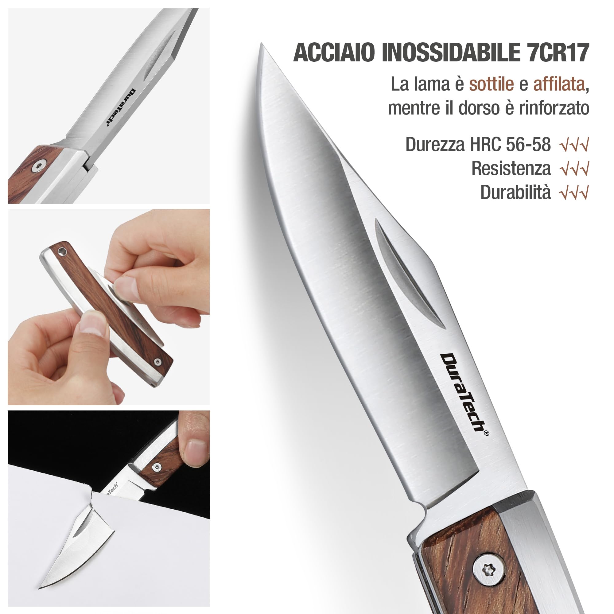 DURATECH Coltellino Tascabile con Manico in Legno, Leggero e Compatto, Ideale per la Pesca, l'Escursionismo, il Campeggio o il Coltello da Frutta per Uso Domestico