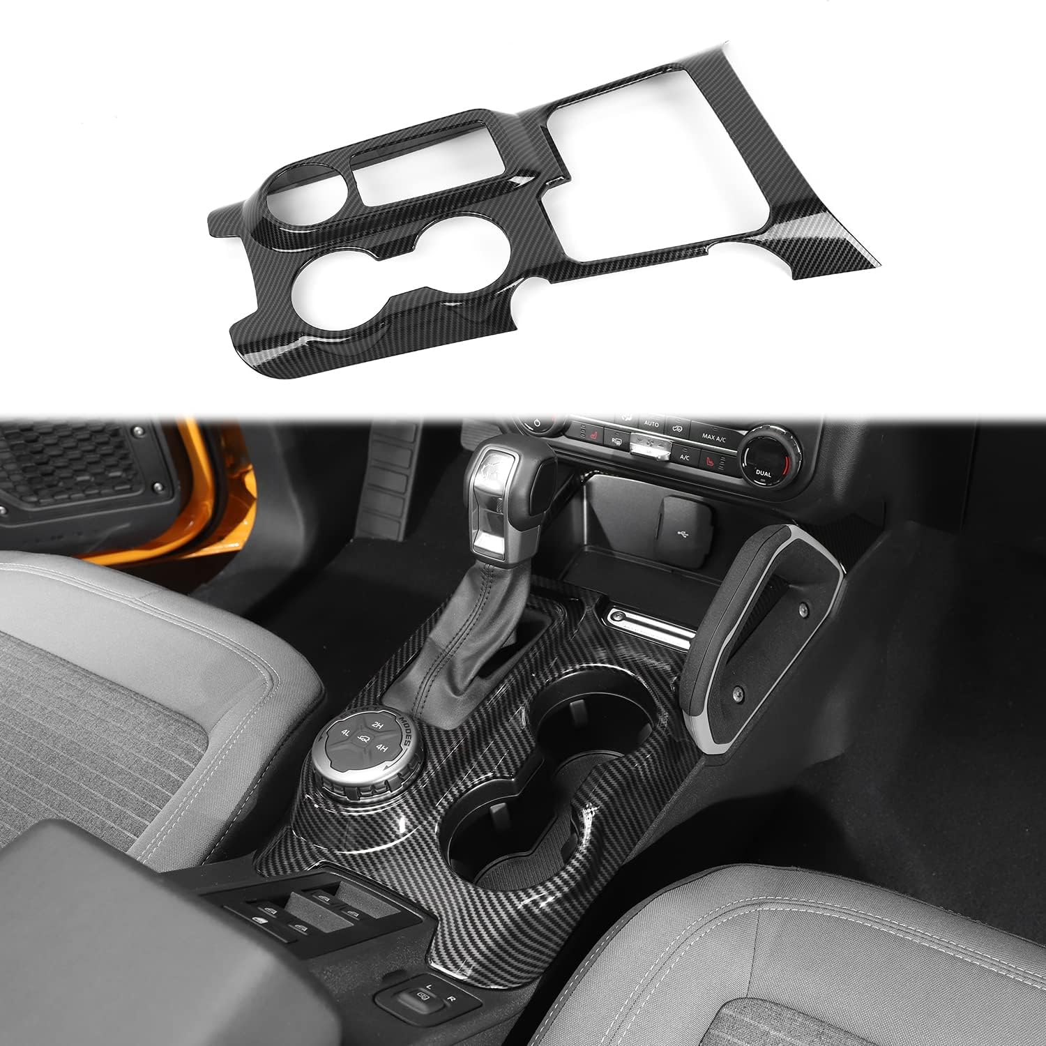 Carbon Fiber Black Center Console Gear Shift Cover Cup Holder Trim Center Console Gear Shifter Panel Cover Compatible with Ford Bronco Interior Accessories 2021 2022+