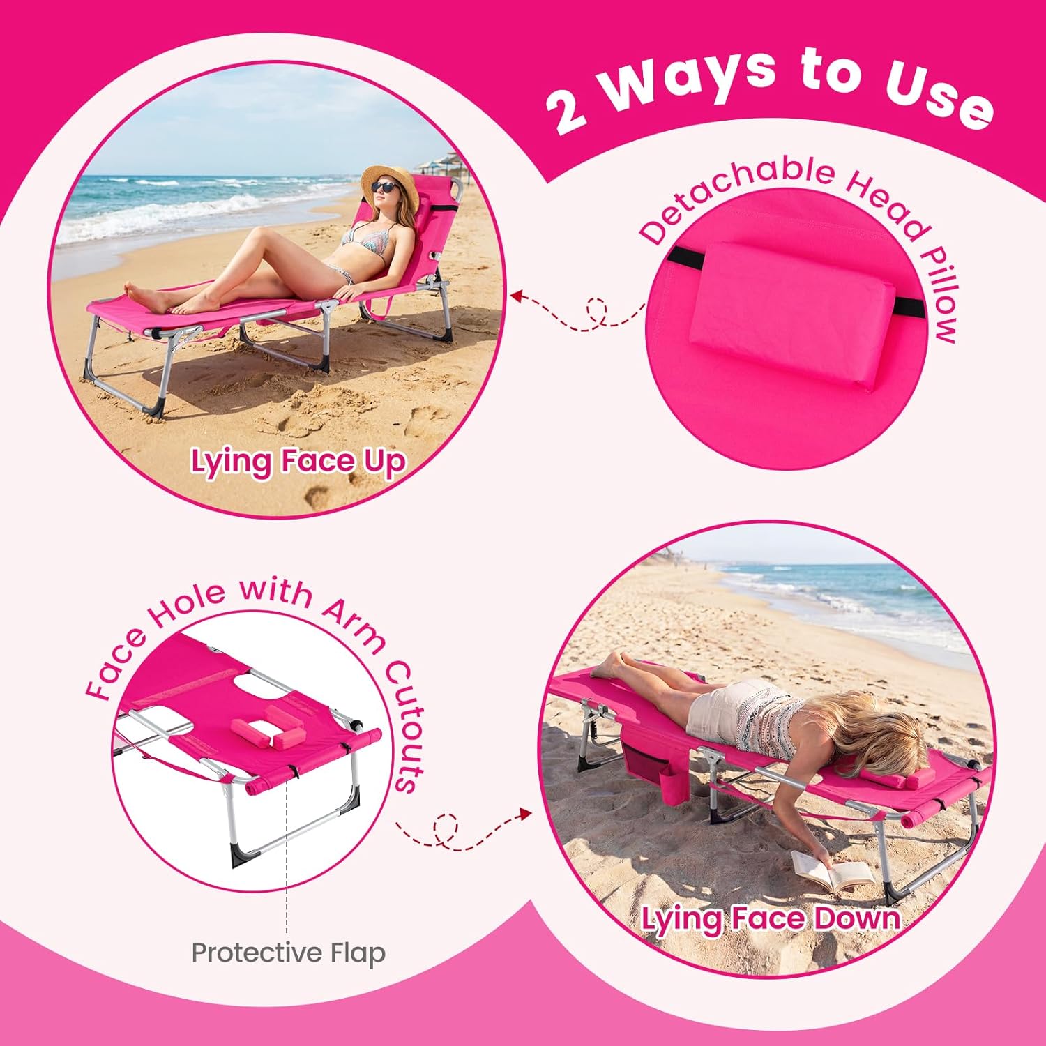 COSTWAY Tanning Chair with Face Hole, Folding Sun Bathing Lounge Chair with Armrest, Side Pocket & Protective Flap, Face Down Layout Chair for Beach, Patio, Pool, Outside (1, Pink)