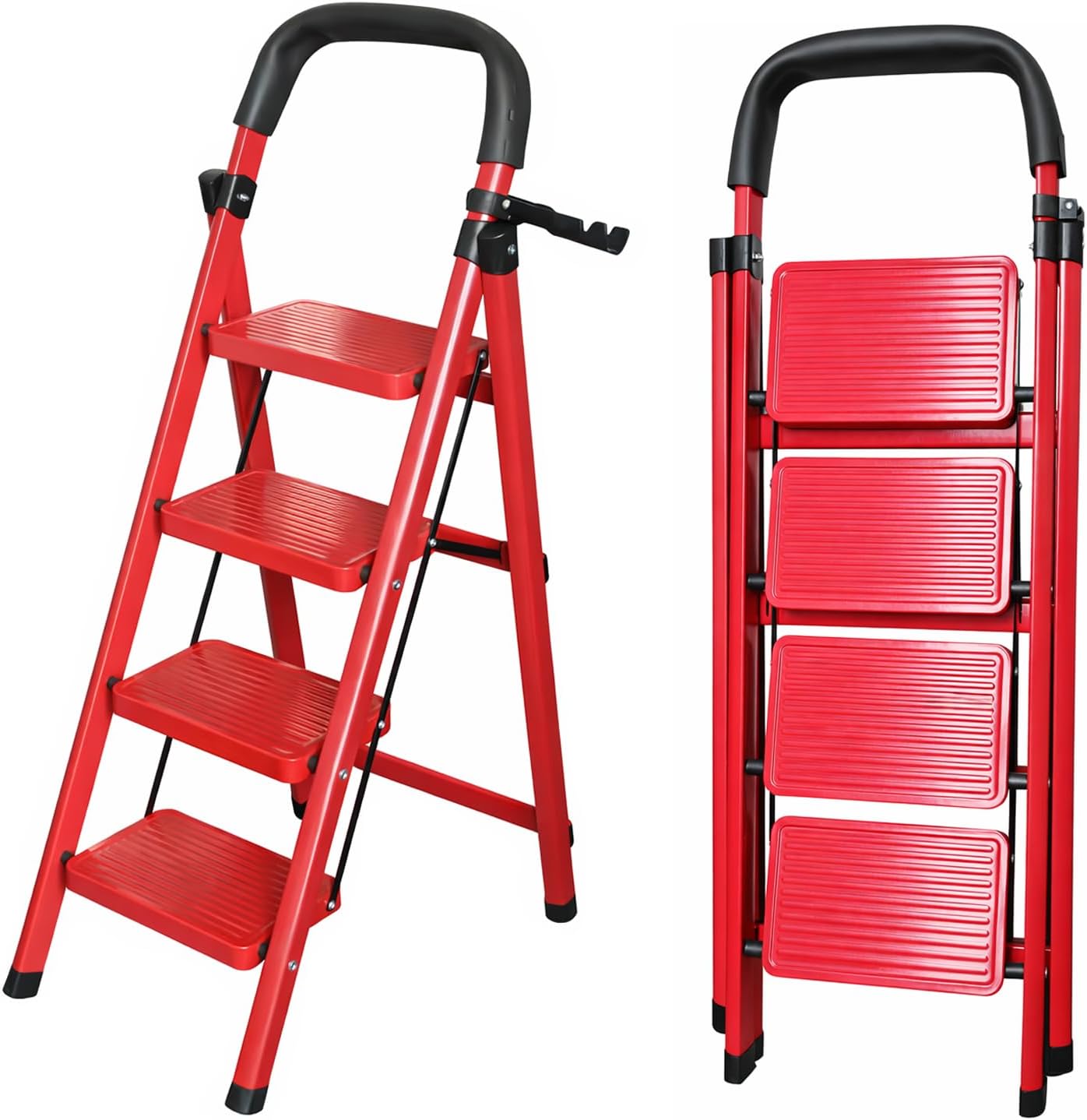 2/3/4/5/6 Step Ladder, Lightweight Metal Folding Step Stool with Anti-Slip Wide Pedal, 330lbs Capacity Step Ladder for Household, Kitchen, Office. (Red, 4)