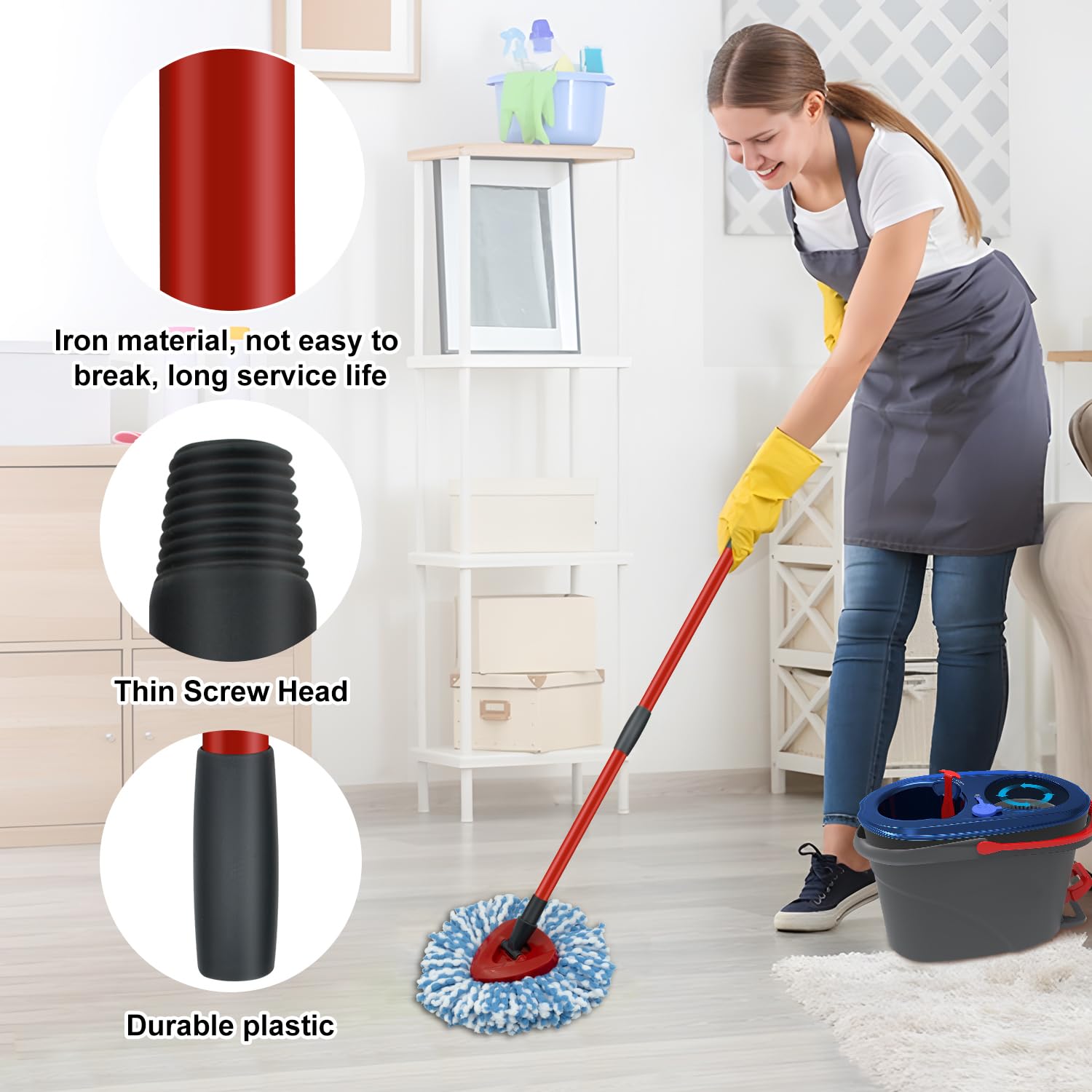 Paquete de 2 Cabezales de Repuesto para fregona giratoria, 1 Base, Asas de Hierro Resistentes de 4 Secciones, compatibles con el Sistema de fregona O Ceda EasyWring RinseClean de 2 Tanques, recambios