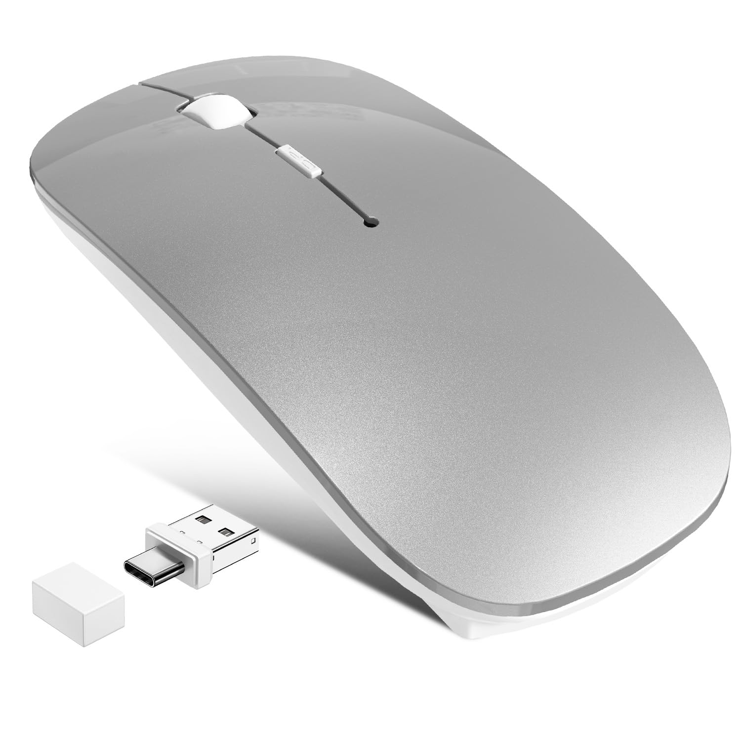 FYBC Wireless Bluetooth Mouse for MacBook Air Mac Pro iPad Laptop PC, Rechargeable Slim Computer Mice Built-in Jiggler Mouse Mover, Tri-Mode Bluetooth 5.2/3.0 & 2.4G USB-A/Type-C Receiver - Grey