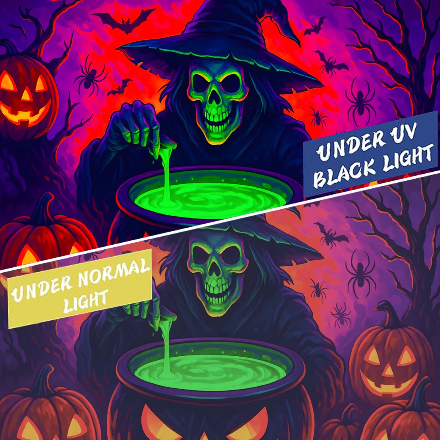 BSFHH Black Light Tapestry – UV Reactive Glow in the Dark Wall Hanging, Spooky Night Scene with Ghosts & Pumpkins, Haunting Home Decor for Parties, Bedroom, or Dorm (Soup, 90L x 70W, Unframed)
