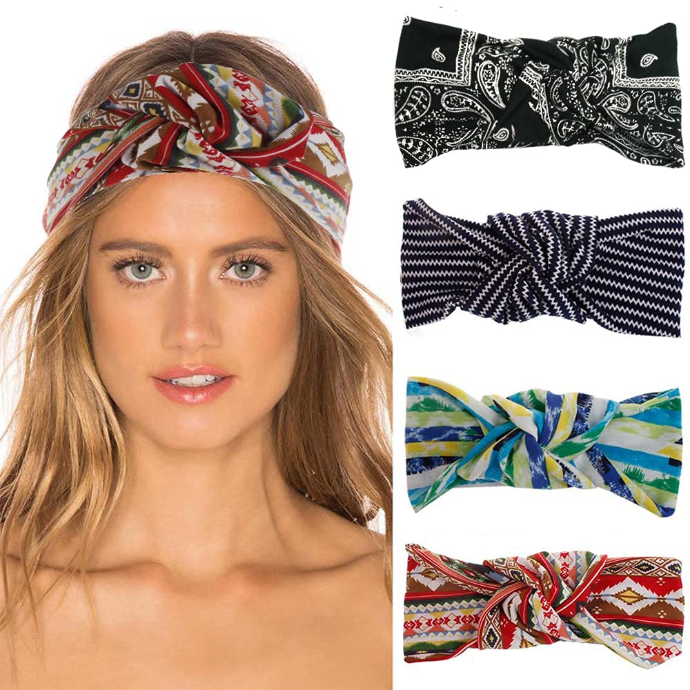 VELSCRUN 5 Fasce Per Capelli Elastiche, Larghe Alla Moda, Stile Bohème Con Nodo, Rosa E Rosse