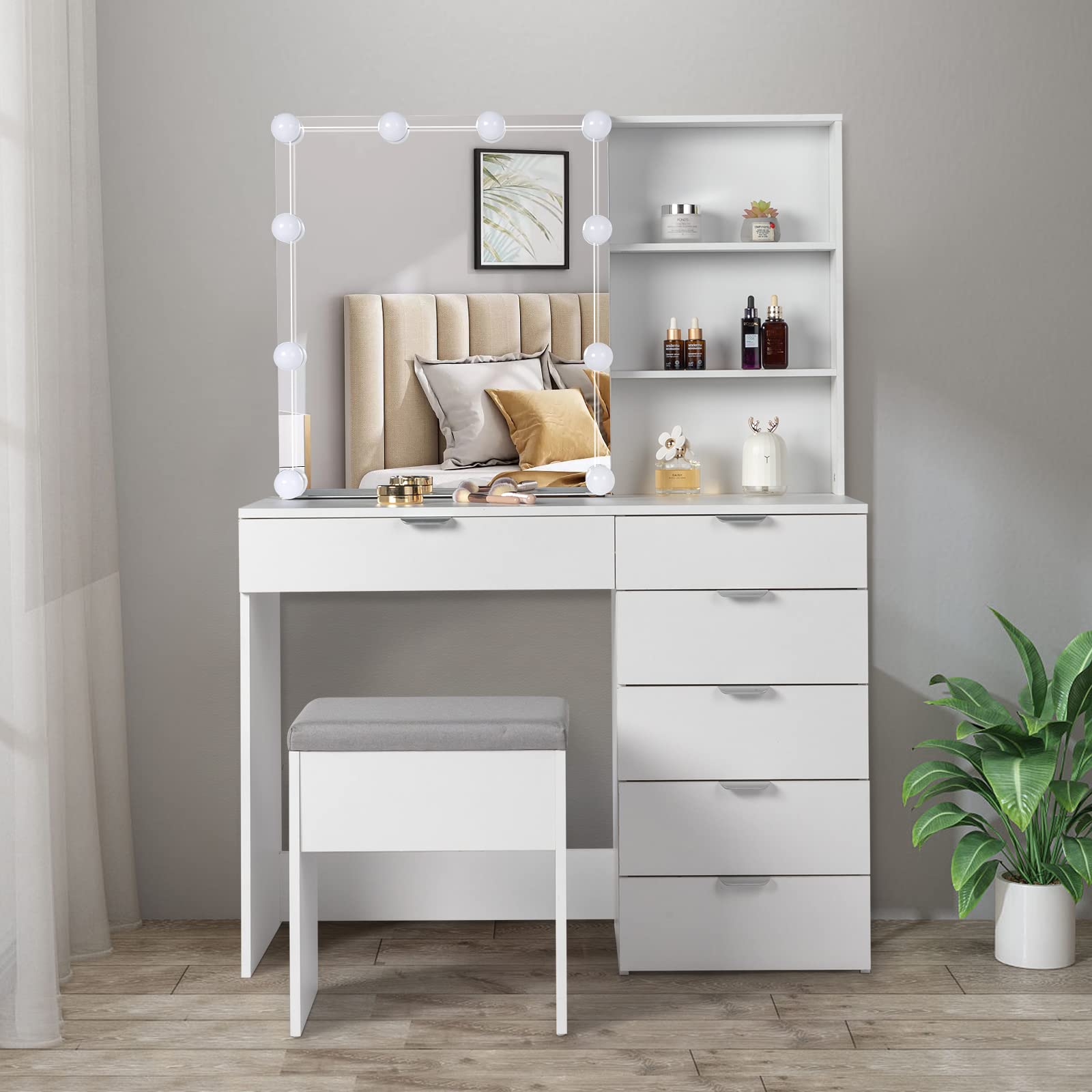 AMOPA Particleboard Triamine Veneer 6 Pumps 2 Shelves Mirror Cabinet 3 Tone Light Bulbs Dressing Table Set White