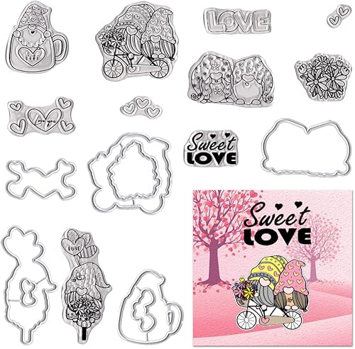 ABTOLS Sellos y troqueles de gnomos de San Valentín para hacer tarjetas sellos transparentes para parejas palabras de amor sellos de flores