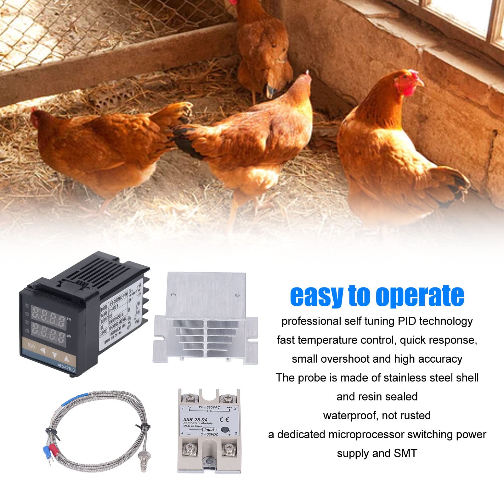 PID Temperature Controllers Kit, 1m M6 Inch Thermocouple Heat Sink and Relay, Controller Digital Kit for Thermostat Type (25A)