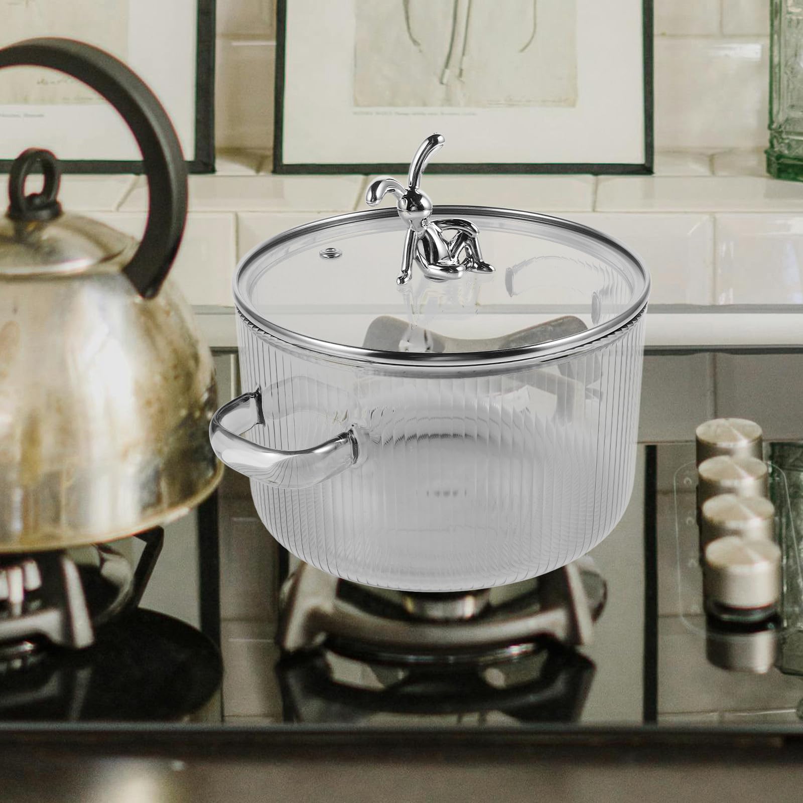 Pentola in Vetro a Tema Coniglio da 1500ml, Pentola per Zuppa con Coperchio, Multiuso e Stabile, per Cucina Casalinga e Preparazione di Zuppe e Brodi