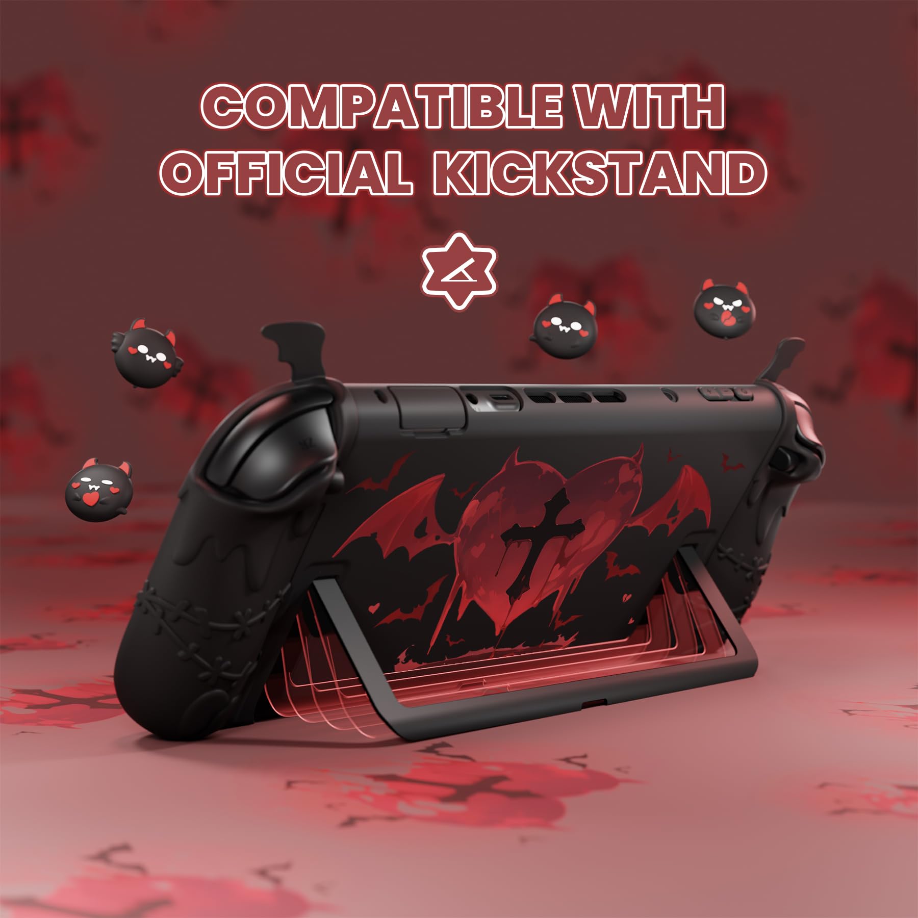 PlayVital Protective Case for Nintendo Switch 2, Kawaii Gothic Imp Series Silicone Grips + Dockable Hard Case Shell for Switch 2 with Thumb Grips & Sticker, Shockproof Protection Cover - Black - 4