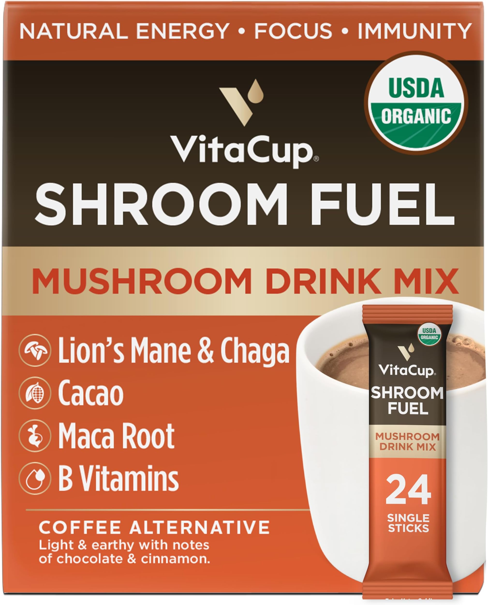 VitaCup Shroom Fuel, Mushroom Based Instant Coffee Alternative Packets, Mushroom Coffee Substitute w/Cacao, Cinnamon, Chaga, Lions Mane, & Maca for Energy, Immune Support, & Focus, 24ct