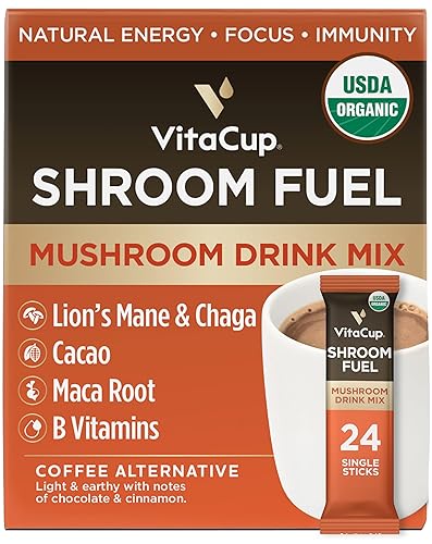 VitaCup Shroom Fuel - Paquetes alternativos de café instantáneo a base de hongos, sustituto de café de hongos con cacao, canela, chaga, melena de