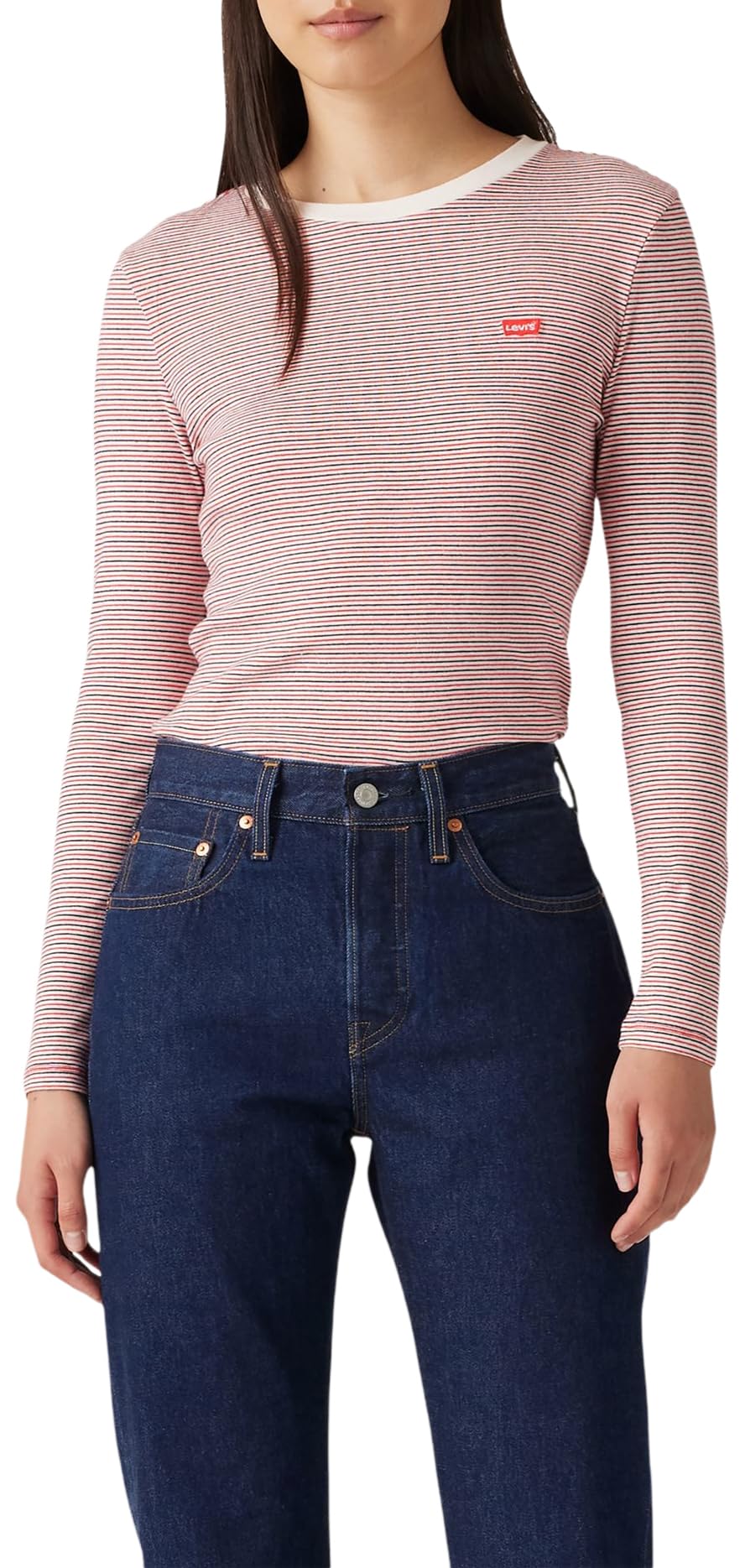 Levi's Women's Essential Housemark Long-Sleeved T-Shirt, Turmeric Stripe Flame Scarlet, XXS