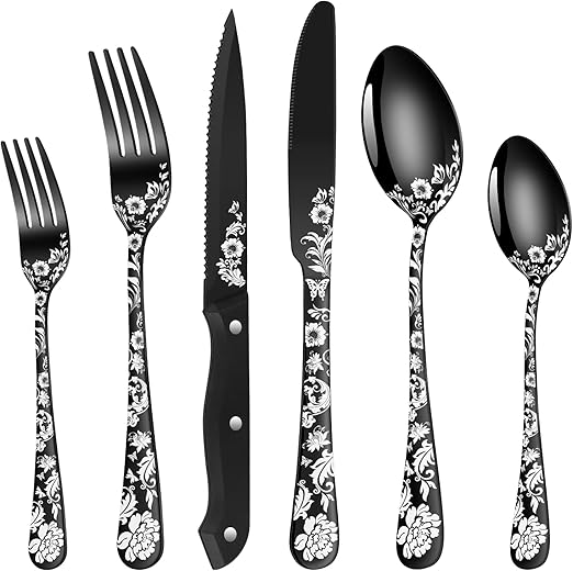 24-Piece Black Silverware Set with Steak Knife, Black Flatware Sets for 4, Stainless Steel Cutlery Set Includes Forks Knives Spoons,Unique Pattern Design,Mirror Polished and Dishwasher Safe