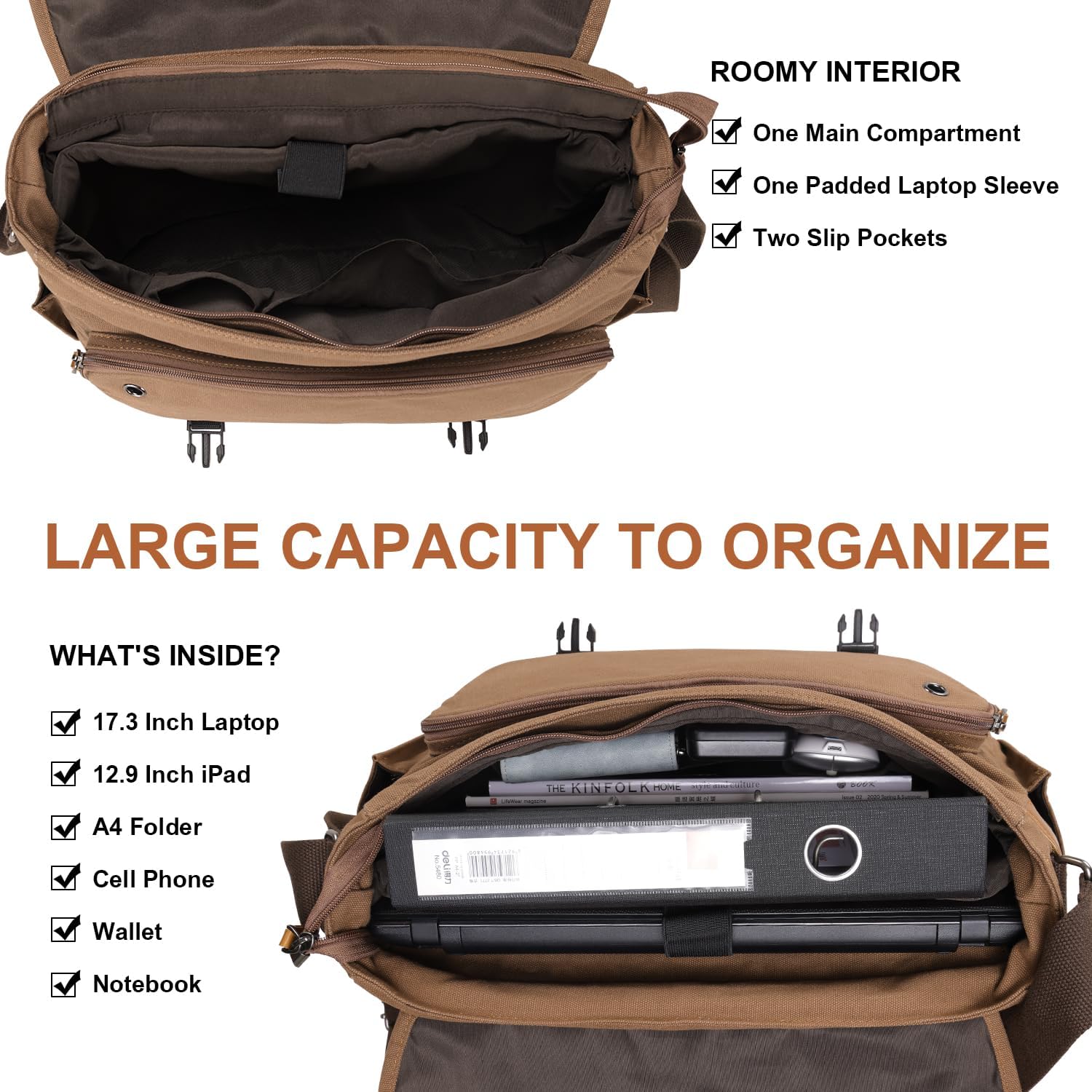 Estarer 15.6-17.3 Inch Laptop Messenger Bag for Work School,Mens Water Resistant Canvas Crossbody Shoulder Bag