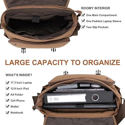 Miniatura 5 de ESTARER Bolsa de mensajero de 17 a 17.3 pulgadas, bolsa de computadora para hombre, lona resistente al agua, bolsa de hombro para computadora