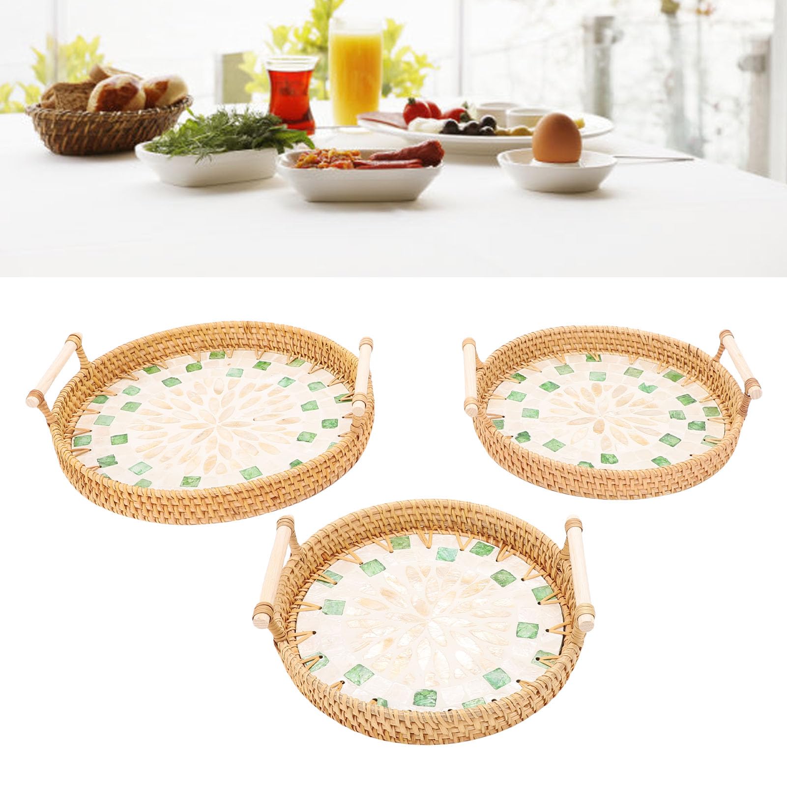 Cryfokt Bandeja de Mimbre Versátil para Servir, Cestas Redondas Tejidas para Servir Aperitivos, Frutas y Comidas con Estilo, Ratán y Concha Otoñal, 3 uds. (Tipo 1)