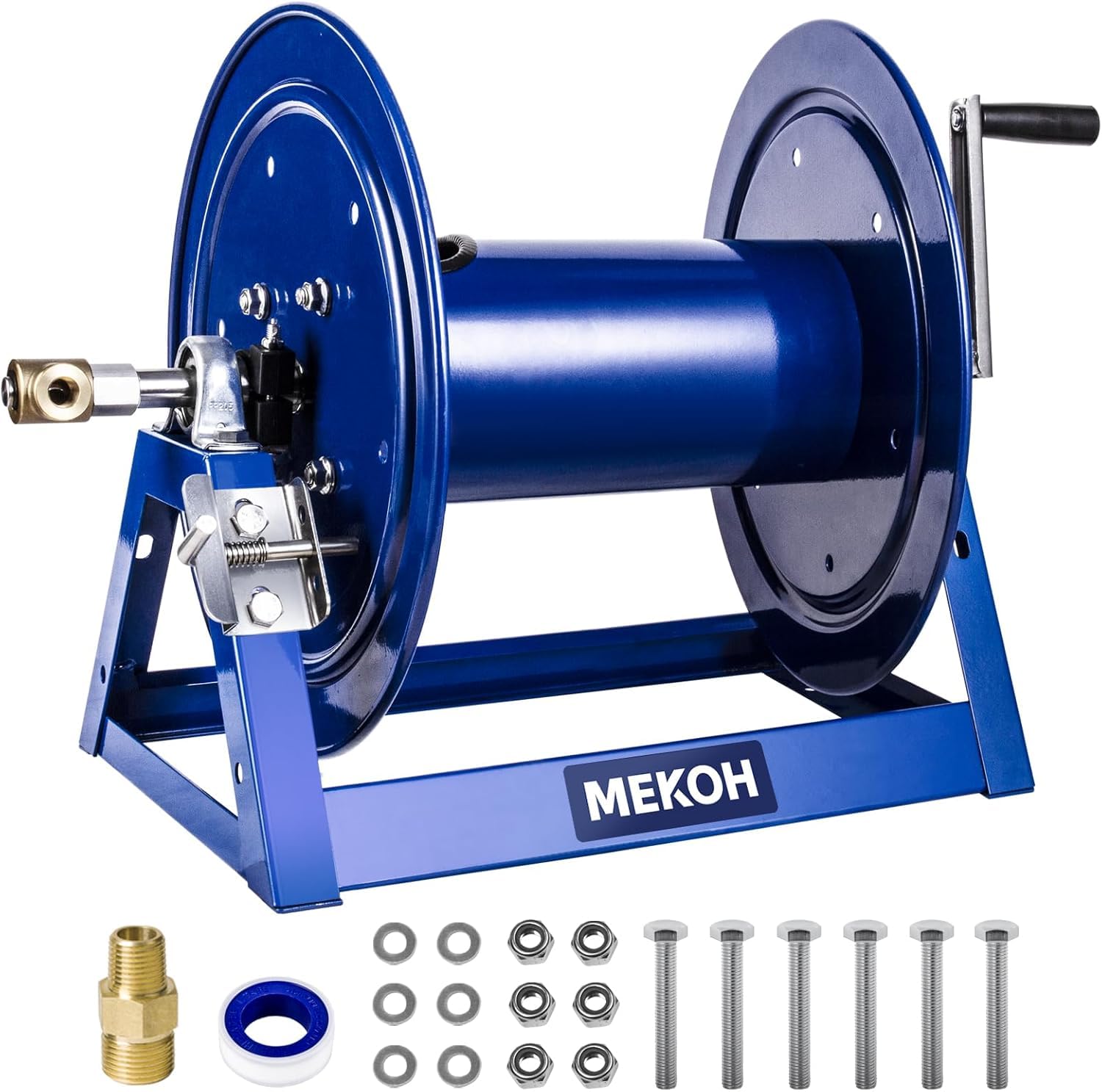 MEKOH Pressure Washer Hose Reel 3/8"x350ft, 5000PSI Hand Crank Power Washer Hose Reel for 1/4"x455ft, Heavy Duty Steel Hose Reel with Trailer/Wall/Van Mount, A-Frame Manual Reel for Water,M22 Fitting