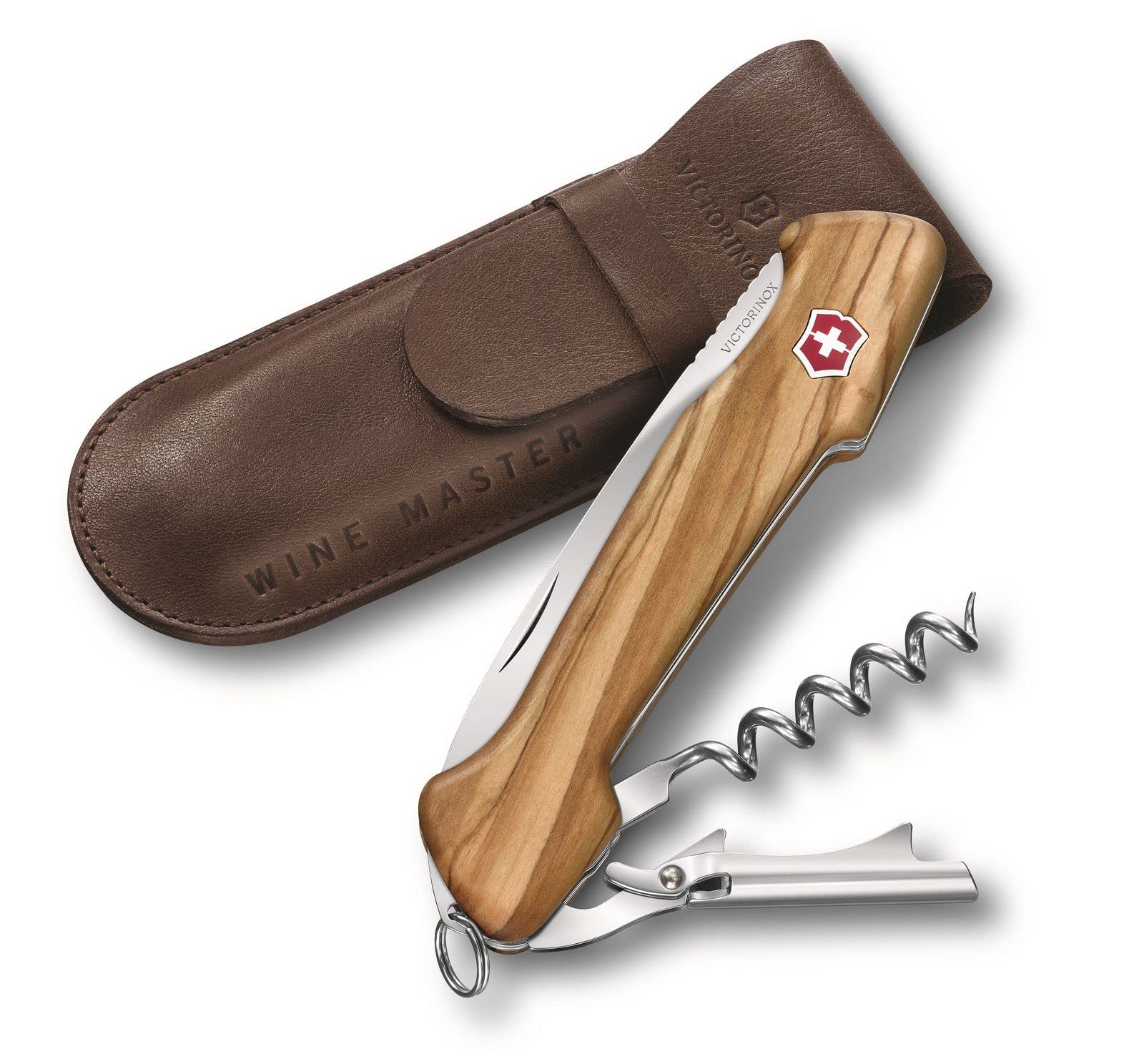Victorinox Wine Master, Navaja suiza con mango de madera de olivo, funda de cuero y 6 funciones, incluyendo sacacorchos