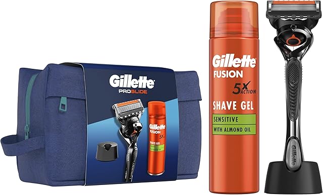 Gillette Zestaw podarunkowy: maszynka do golenia dla mężczyzn Proglide + Żel do golenia Fusion Ultra Sensitive 200 ml + stojak na maszynkę do golenia + kosmetyczka podróżna