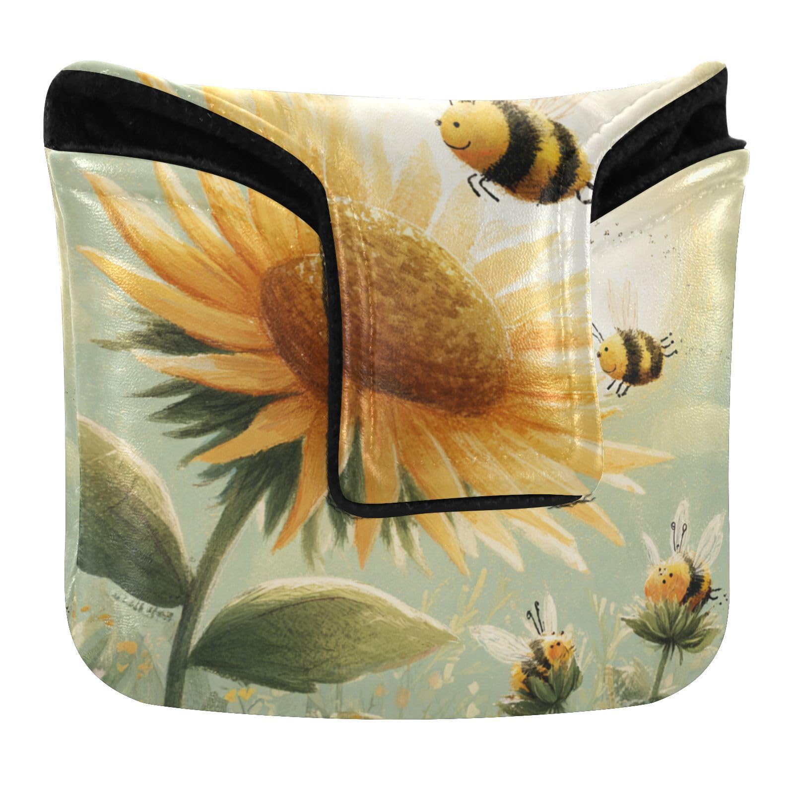 Sunflower Bees Cute Retro Golf Club Covers Magnetic Closure Putter Headcover for Most Brand PU Leather