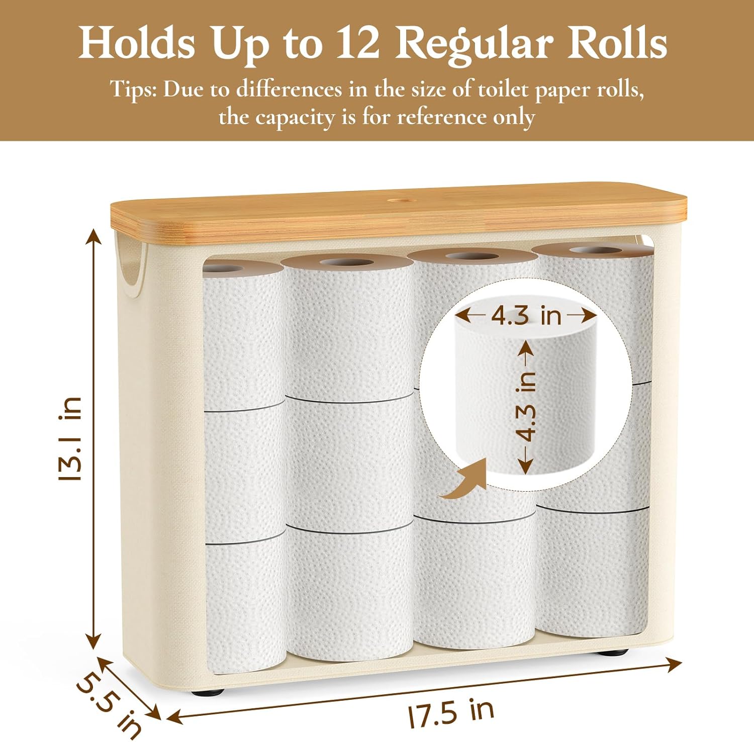 Toilet Paper Storage Basket with Bamboo Lid, Toilet Paper Holder with Storage, Free Standing Bathroom Storage Organizers with Non-Slip Bottom Beige, 1 Pack - Image 2