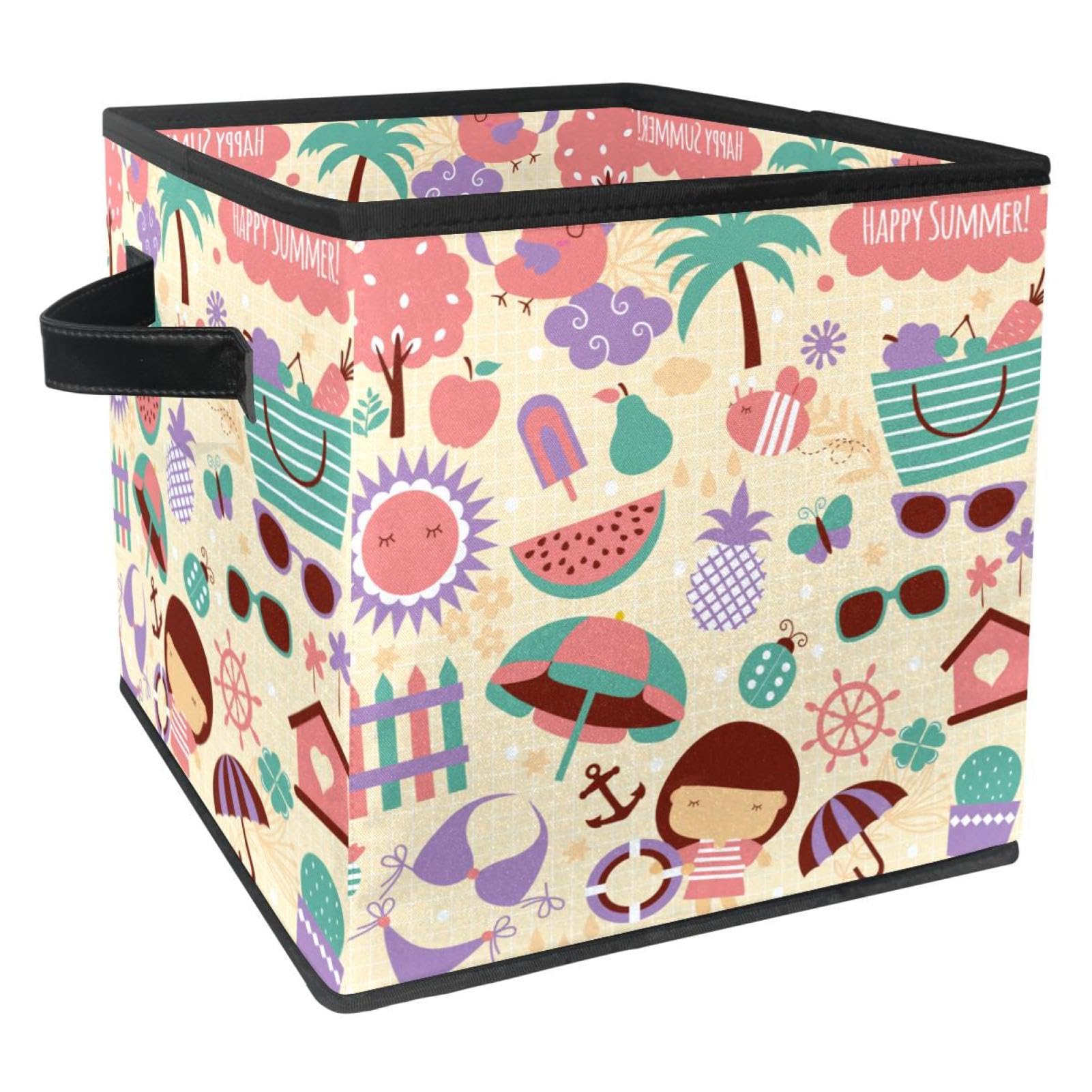 Boîte pliable en tissu avec motif éléments d'été et poignées robustes