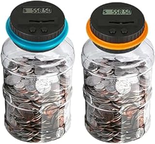 Coin Bank for Saving Money Digital Coin Jar, Piggy Bank for Adults, Coin Jar with Change Counter for Counting Savings. Contains Two Coin Banks, for Boys Girls Kids （Orange and Blue）