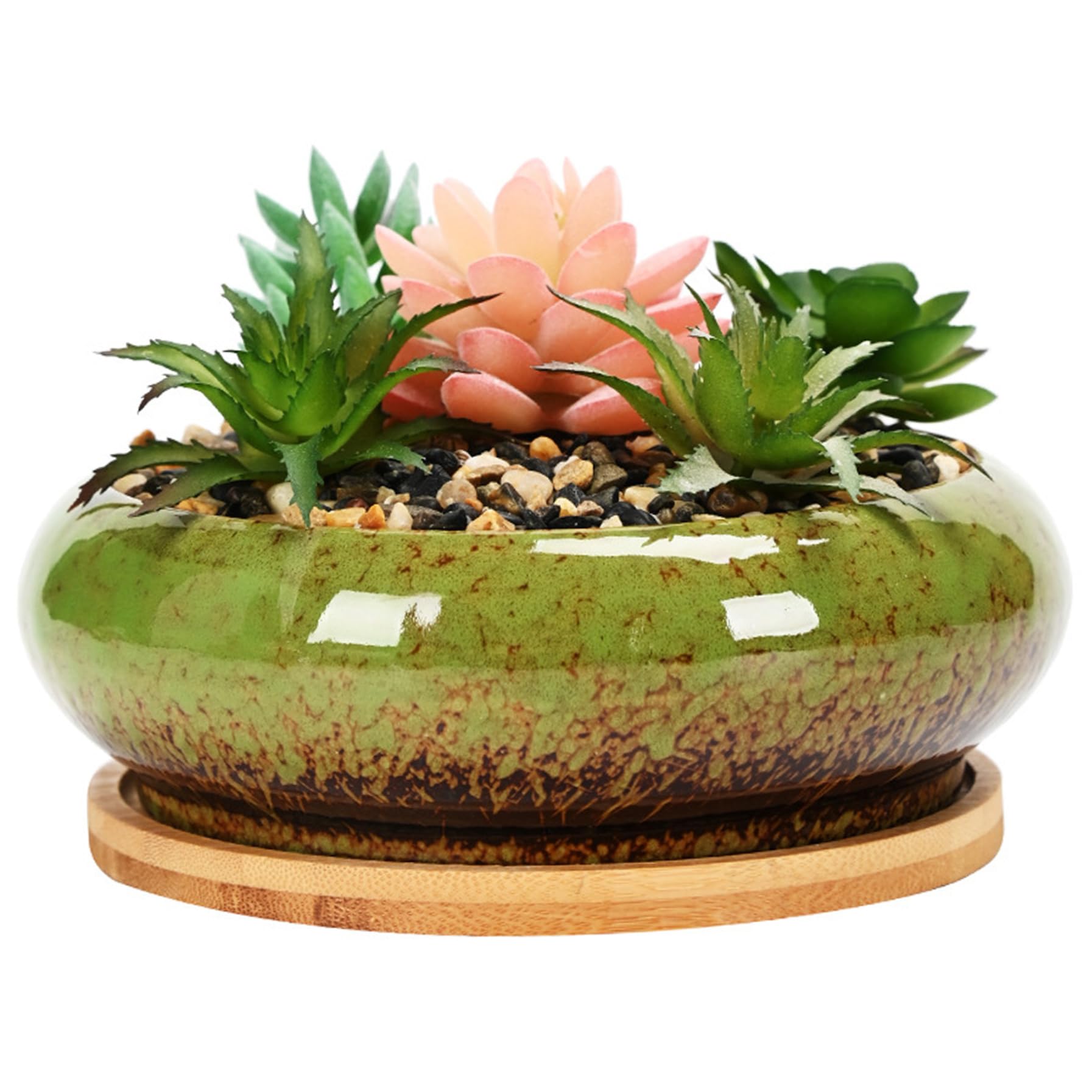 Pot à bonsaï en céramique émaillée ronde de 14 pouces avec drainage et plateau de table