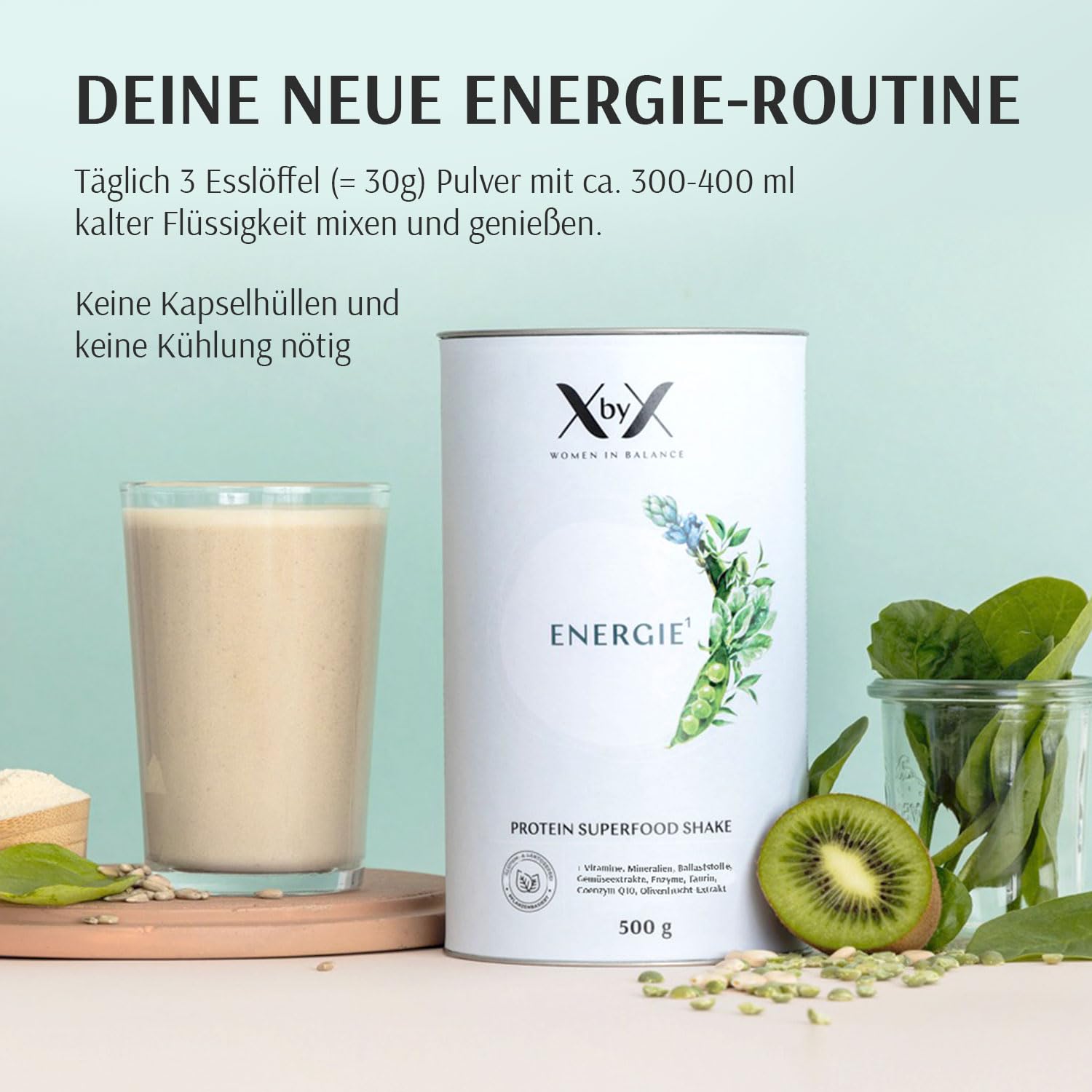 XbyX Energie 500 g | 16 Portionen | Veganes Superfood Proteinpulver für Shake oder Smoothie | Geschmacksneutrales Eiweißpulver mit essentiellen Aminosäuren & wertvollen Vitaminen | Aus Deutschland