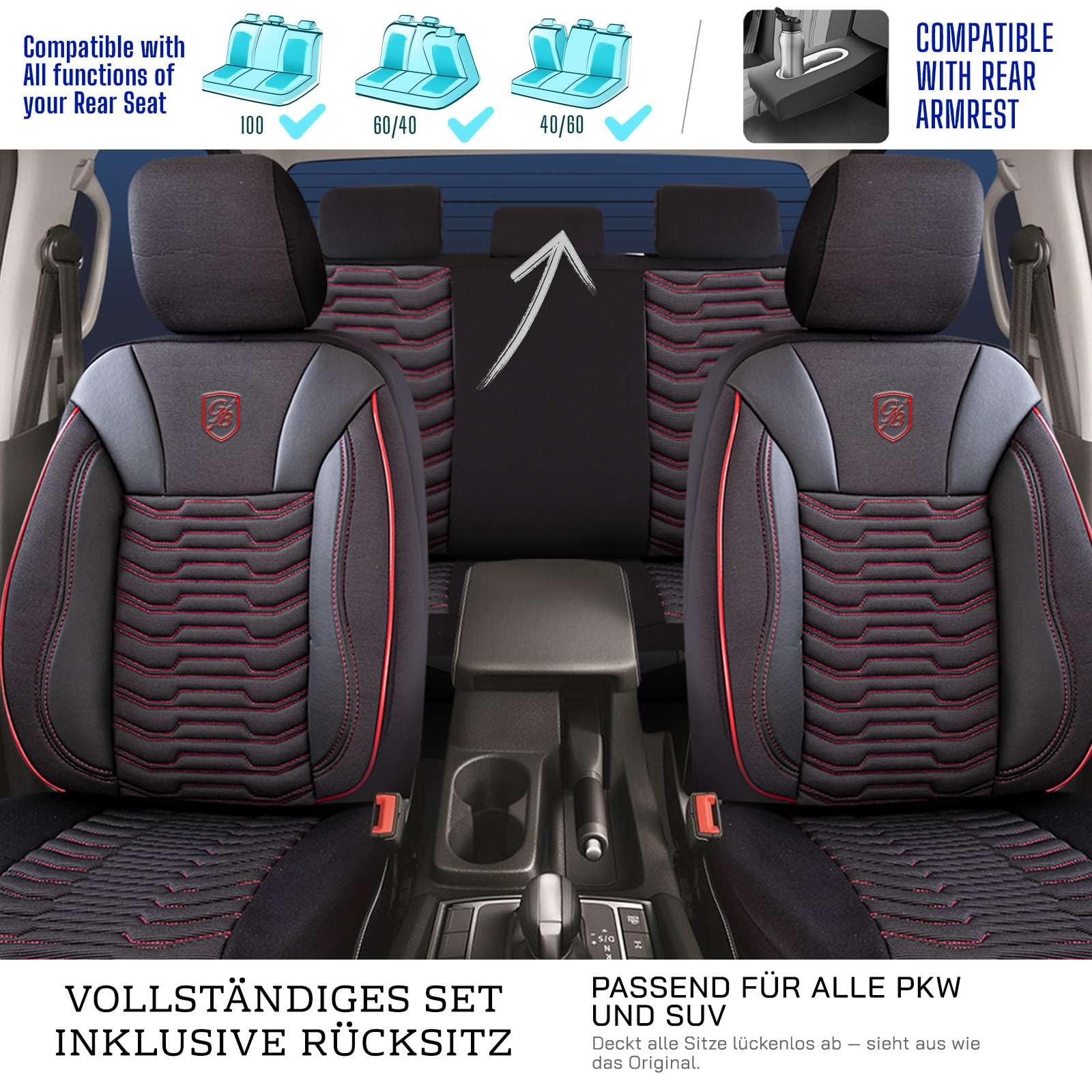 Autositzbezüge Universal für PKW & SUV – Premium Vordersitze Auto Sitzbezug aus Piqué-Stoff, Schwarz-Rot, Airbag-Kompatibel Sitzauflage, Autoschonbezug, Komplett Set inkl. Montageset