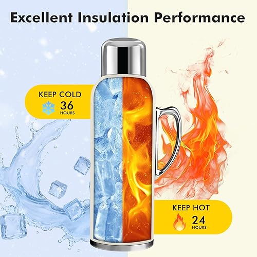 Miniatura 5 de Botella de agua aislada de 34 onzas, jarra de agua de acero inoxidable al vacío de doble pared con asa y tapa de taza de medición de temperatura