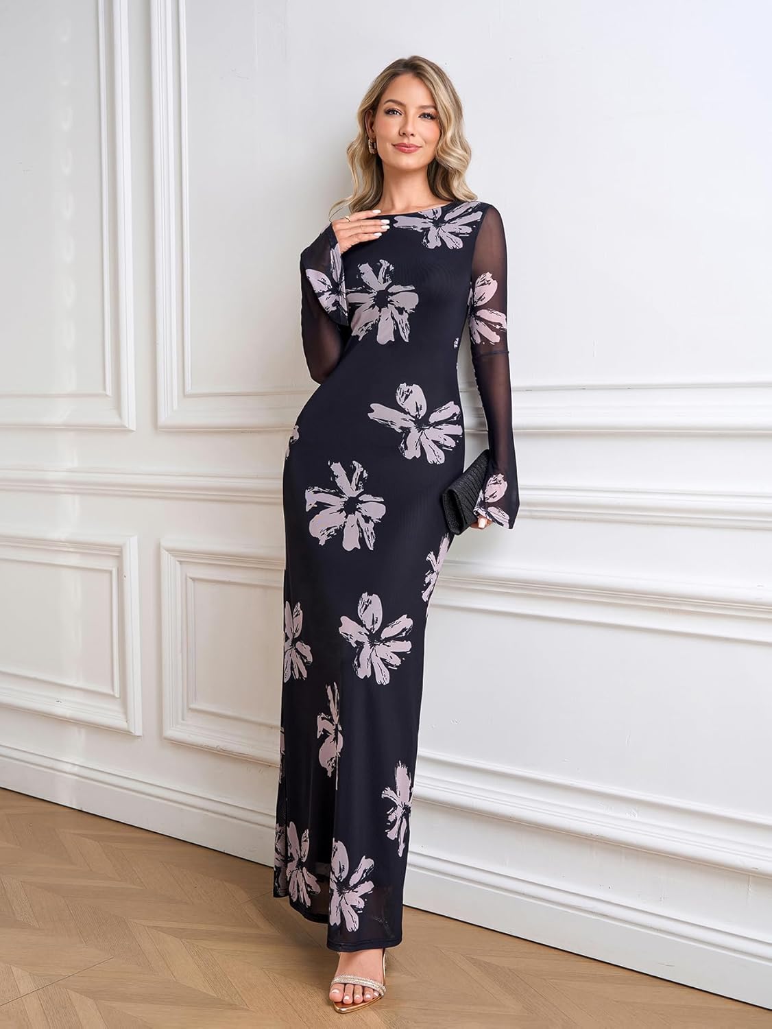 Floral Long Sleeve Mesh Bodycon Maxi Dresses Formal Wedding Guest Party Fall Dress for Women 2025 - Image 3
