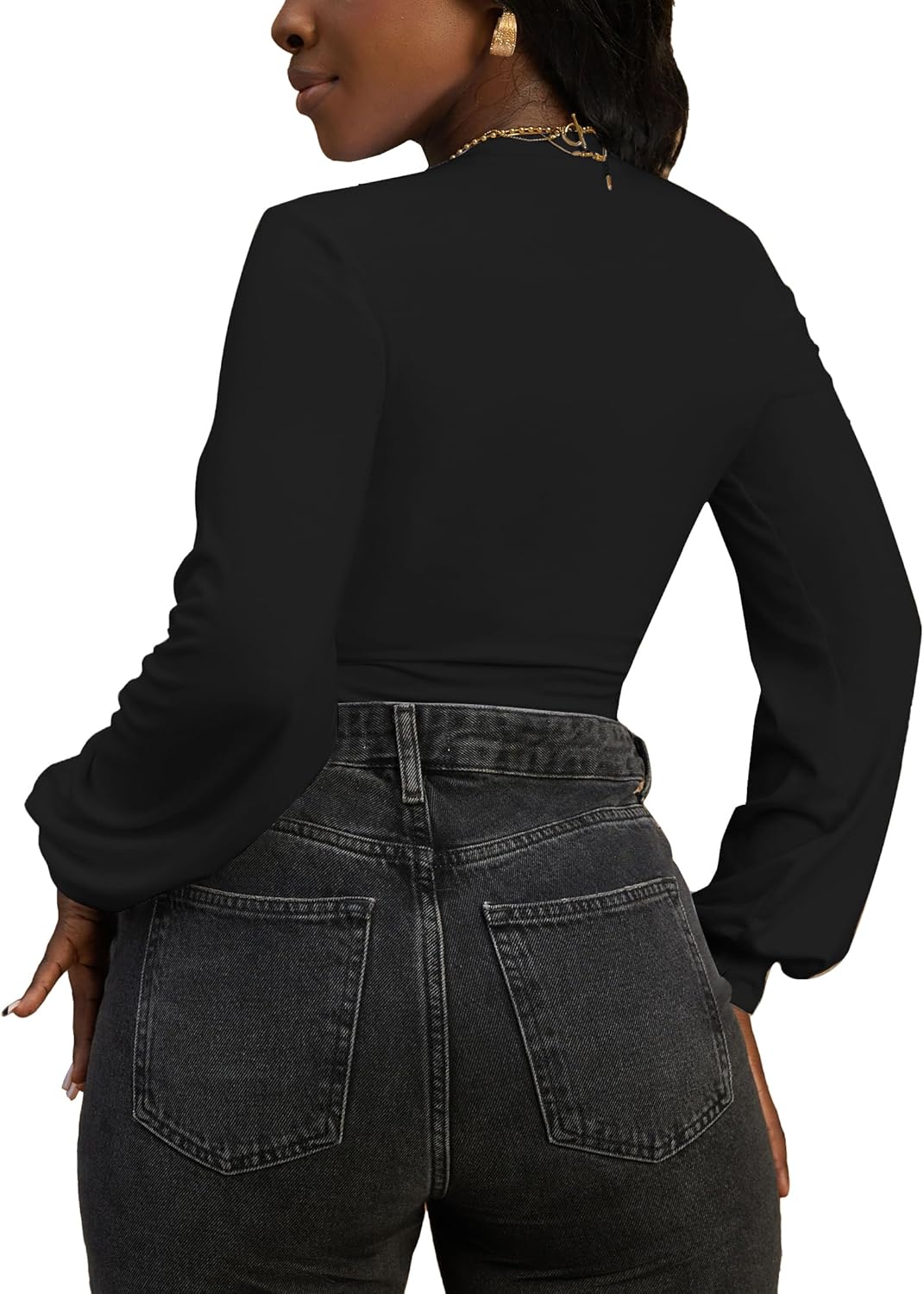 LovelyWholesale Women Tie Front Tops Sexy Cropped Long Sleeve Deep V Neck Shirt Clubwear - Image 3