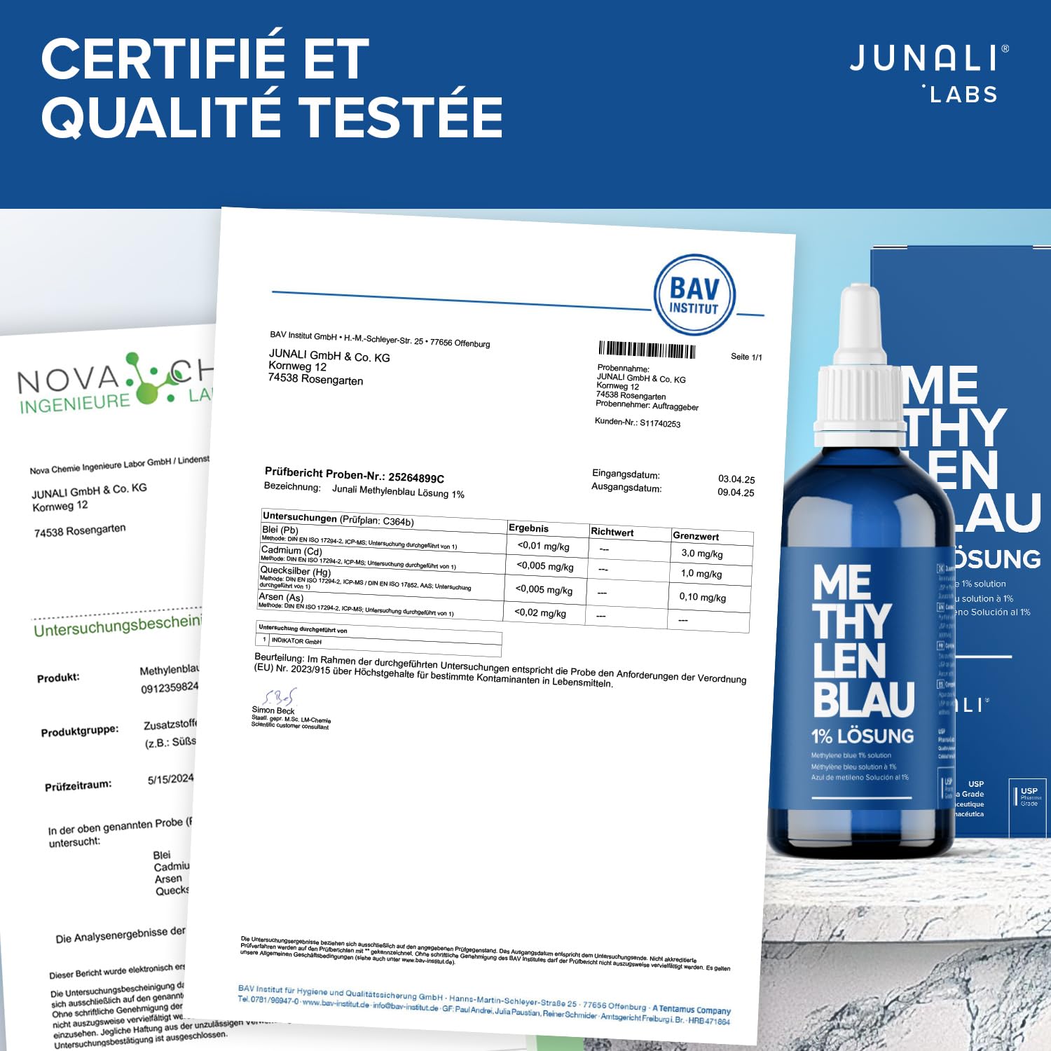 Bleu de méthylène 1% USP de qualité pharmaceutique, 2x 100 ml, sans métaux lourds, qualité testée en laboratoire – Fabriqué en Allemagne par JUNALI