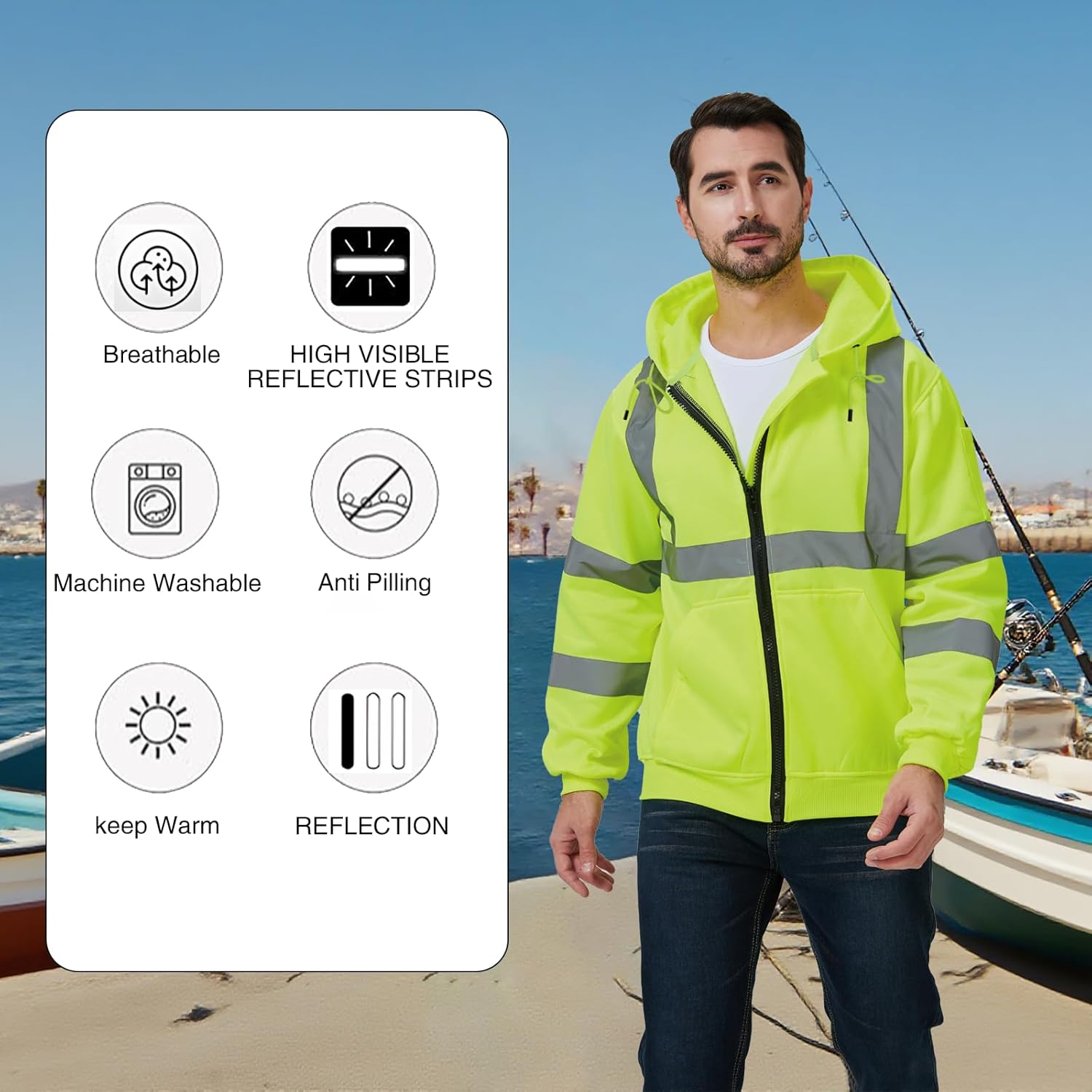 High Visibility Safety Hoodie, Reflective Workwear Sweatshirt, Warm Breathable Work Jacket for Men, Zip-Up - Image 6
