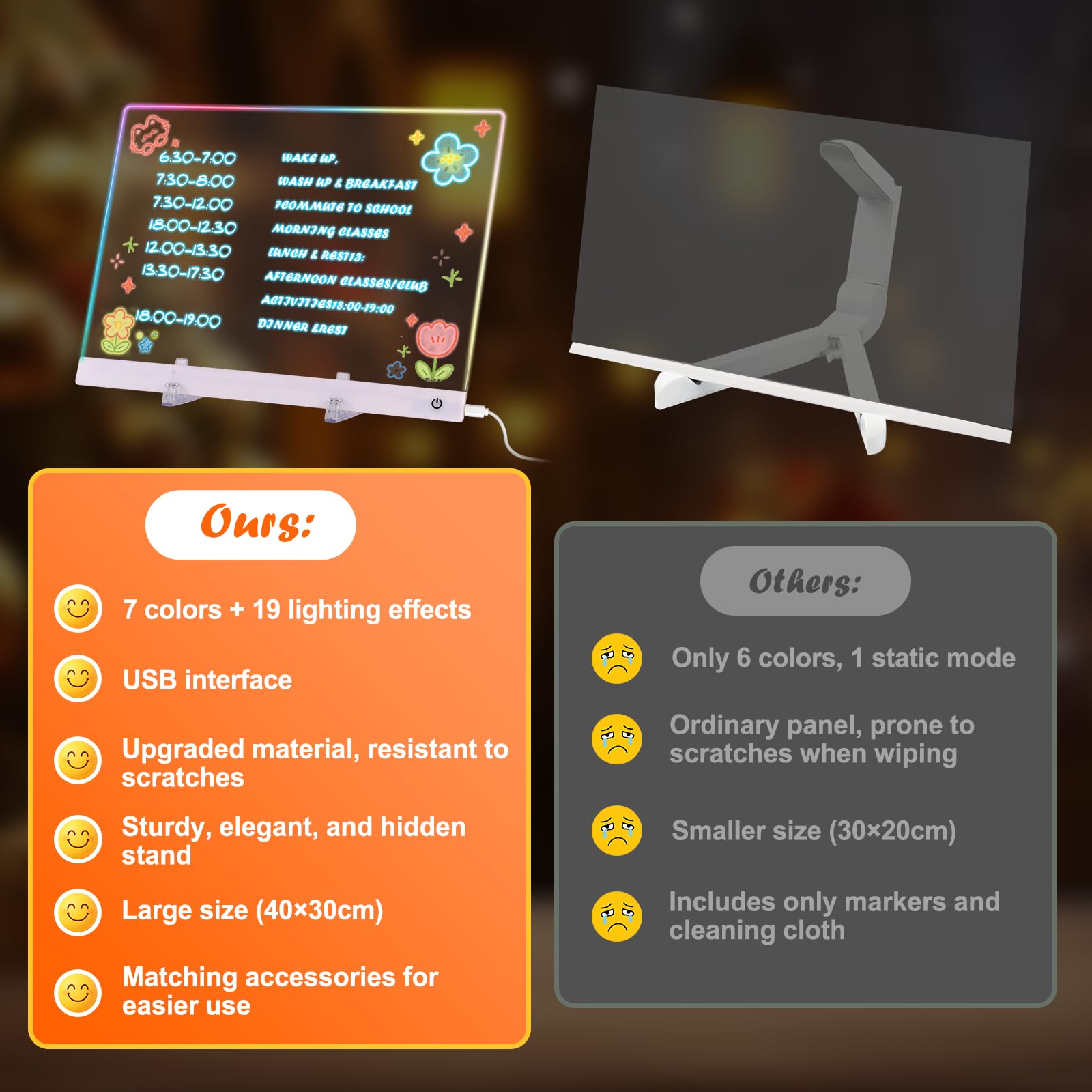 LED Zeichenbrett Kinder 40x30cm Acryl Maltafel, 13 Farben 6 Lichtmodi, wiederverwendbare Leuchttafel mit 7 Markern & Pausheft, kreatives Geschenk für Mädchen und Jungen