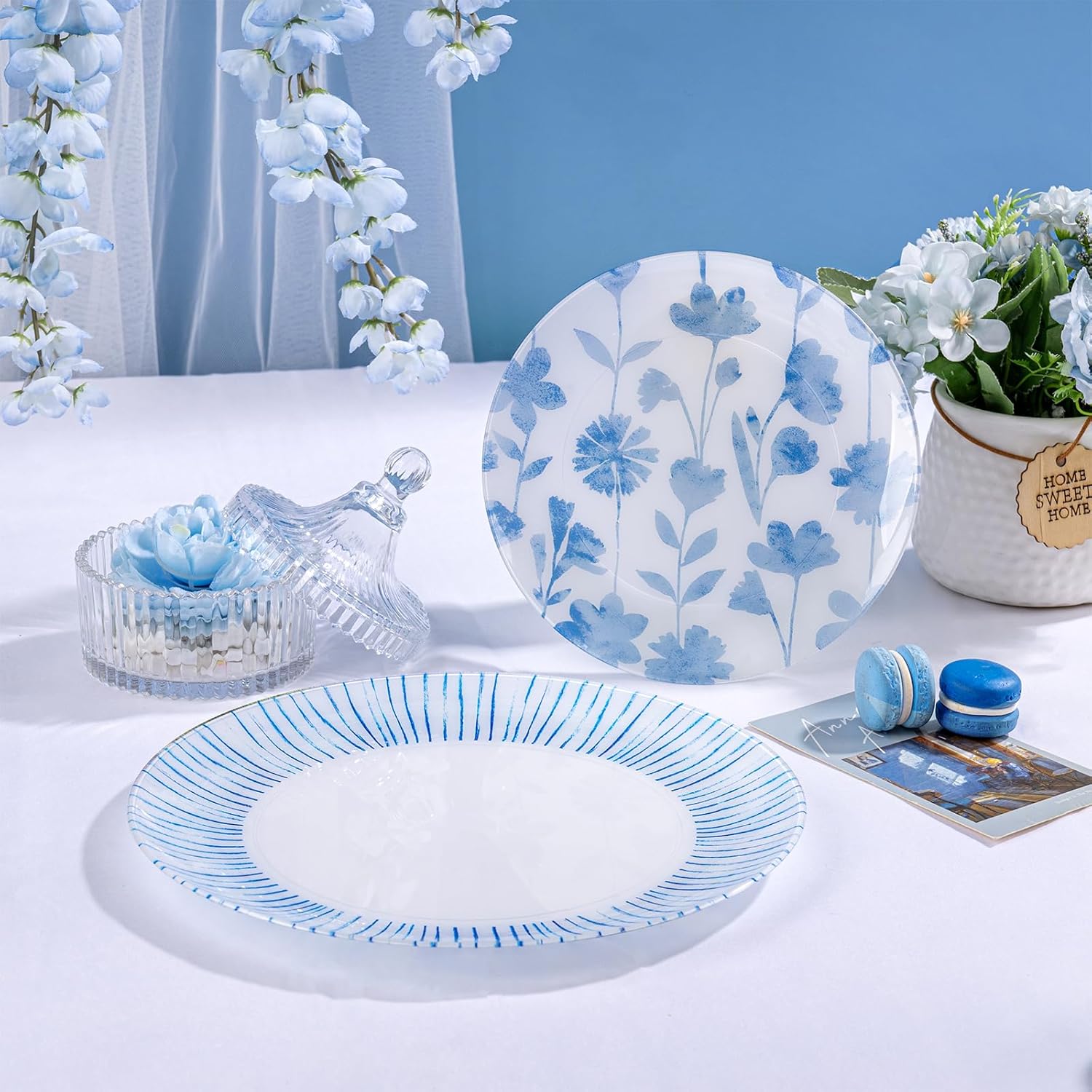 U-QE 20Pcs Blue Plastic Plates - Botanical Stripes Hanukkah Plates Disposable Heavy Duty, Fancy Floral Pattern Perfect for Hanukkah, Tea Parties, Holidays - 10.25" Dinner & 7.5" Dessert Plate - Image 7