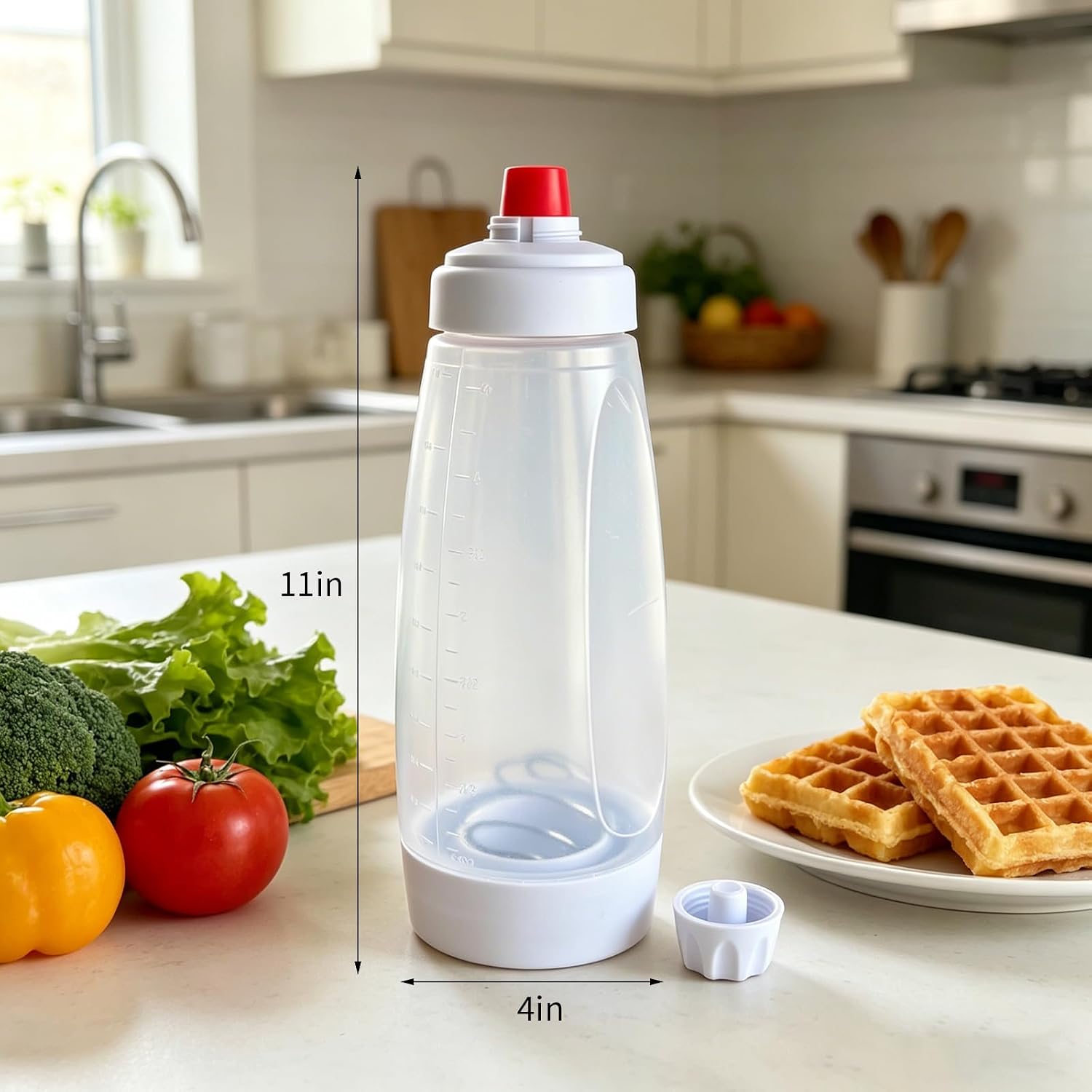 Pancake Batter Dispenser, 33-oz batter mixer with whisk and base, suitable for pancakes, crepes, and waffles, kitchen baking tool—2-piece set includes a spatulae set includes a spatula