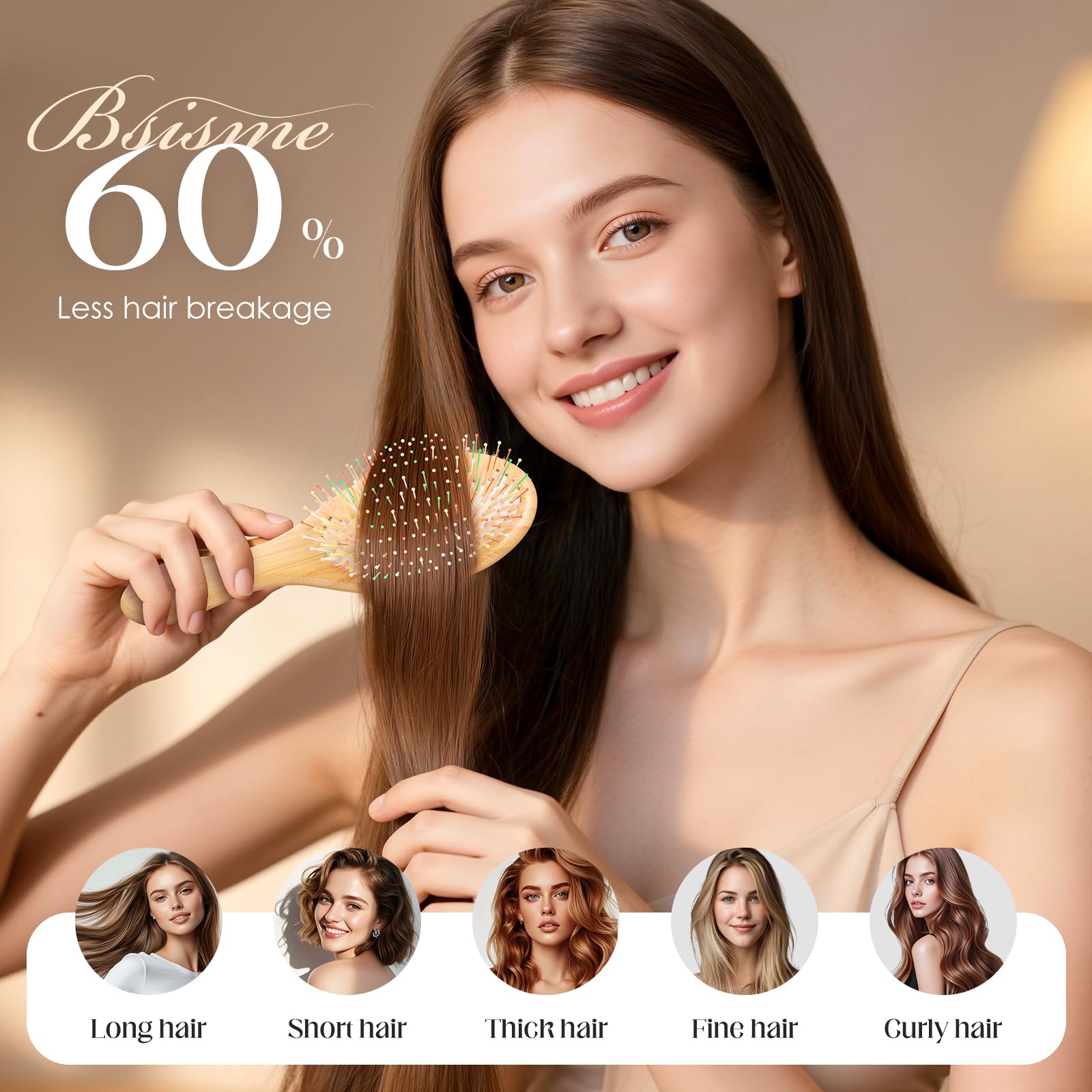 Bsisme Cepillo de pelo con cerdas de jabalí y pasadores de nailon para mujeres, hombres y niños, cepillo desenredante para cabello grueso, fino, rizado, liso, húmedo o seco, alisador, mejora el brillo