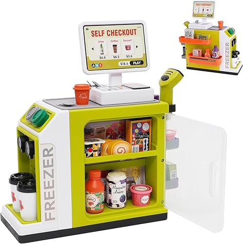 Eapura Juego de simulación para niños pequeños de 1 a 3 años, caja registradora con escáner, juego de comida para jugar, dinero para niños. Juego de