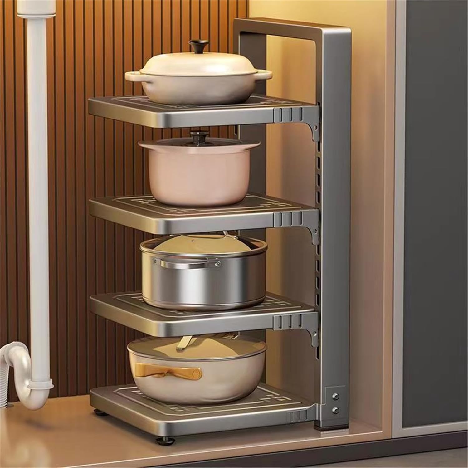 Under Sink Organizer,Kitchen Pots Organizer And Storage,Under Cabinet Storage,Layer Distance Can be Adjusted Stainless Steel Shelf For Kitchen Bathroom (grey, 4-Tier)