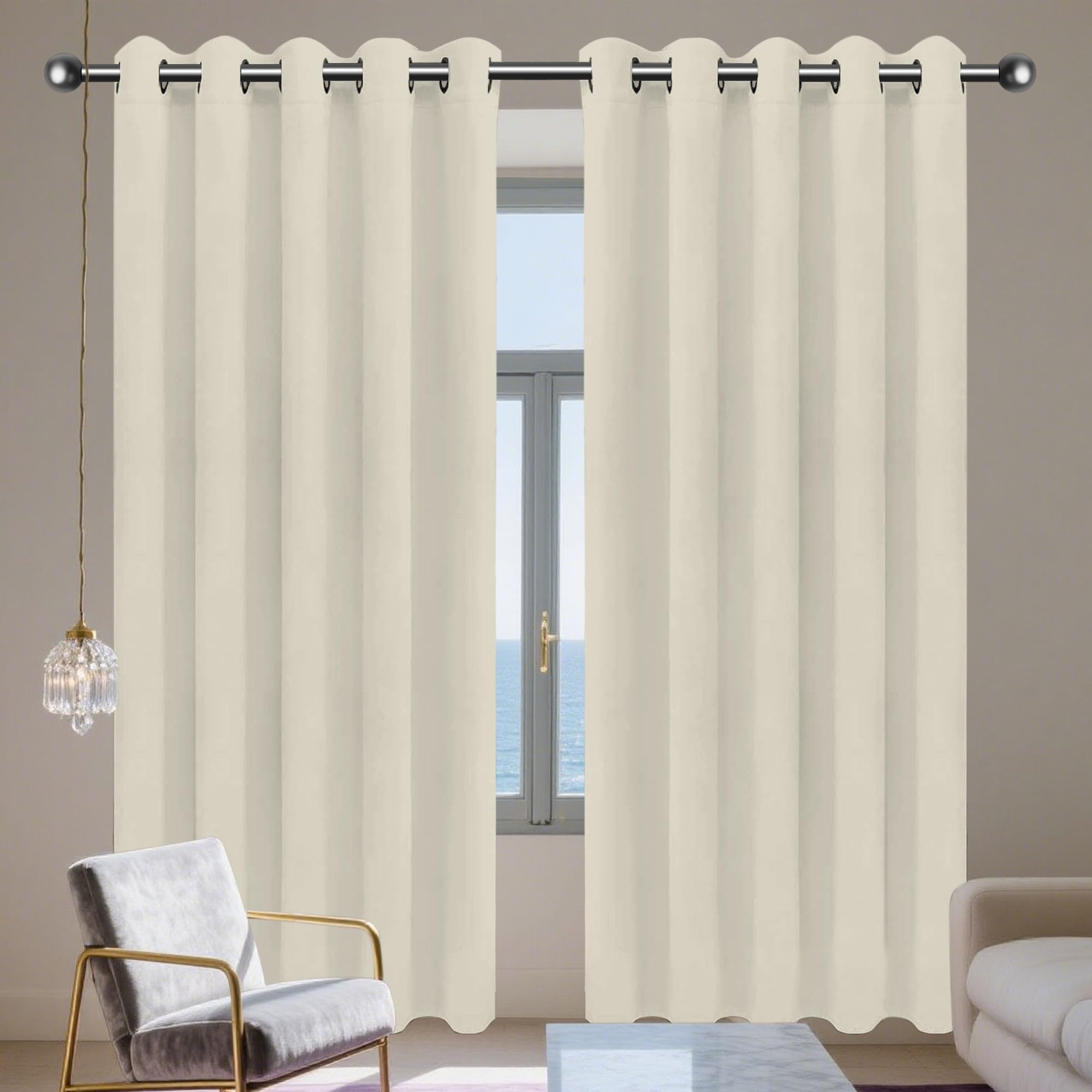 Rideau Occultant 180 x 300 cm Thermique Isolant Anti Froid Chaleur Anti Froid à Oeillets Rideaux Doux et Esthétiques, Décoration Maison pour Chambre/Salon de Fenêtre, Beige
