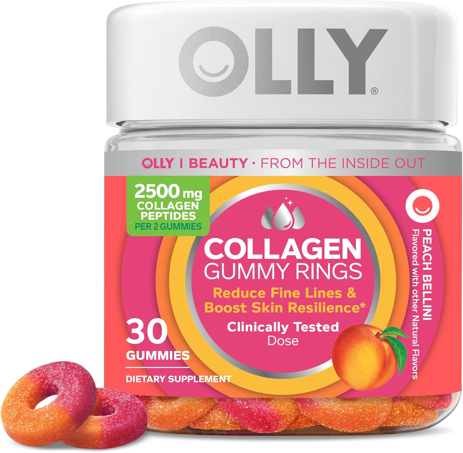 OLLY Collagen Gummy Rings, Supports Skin Elasticity and Firmness, 2.5g Collagen, Clinically-Tested, Peach, 15 Day Supply – 30 Count OLLY Collagen Gummy Rings, Supports Skin Elasticity and Firmness, 2.5g Collagen, Clinically-Tested, Peach, 15 Day Supply – 30 Count