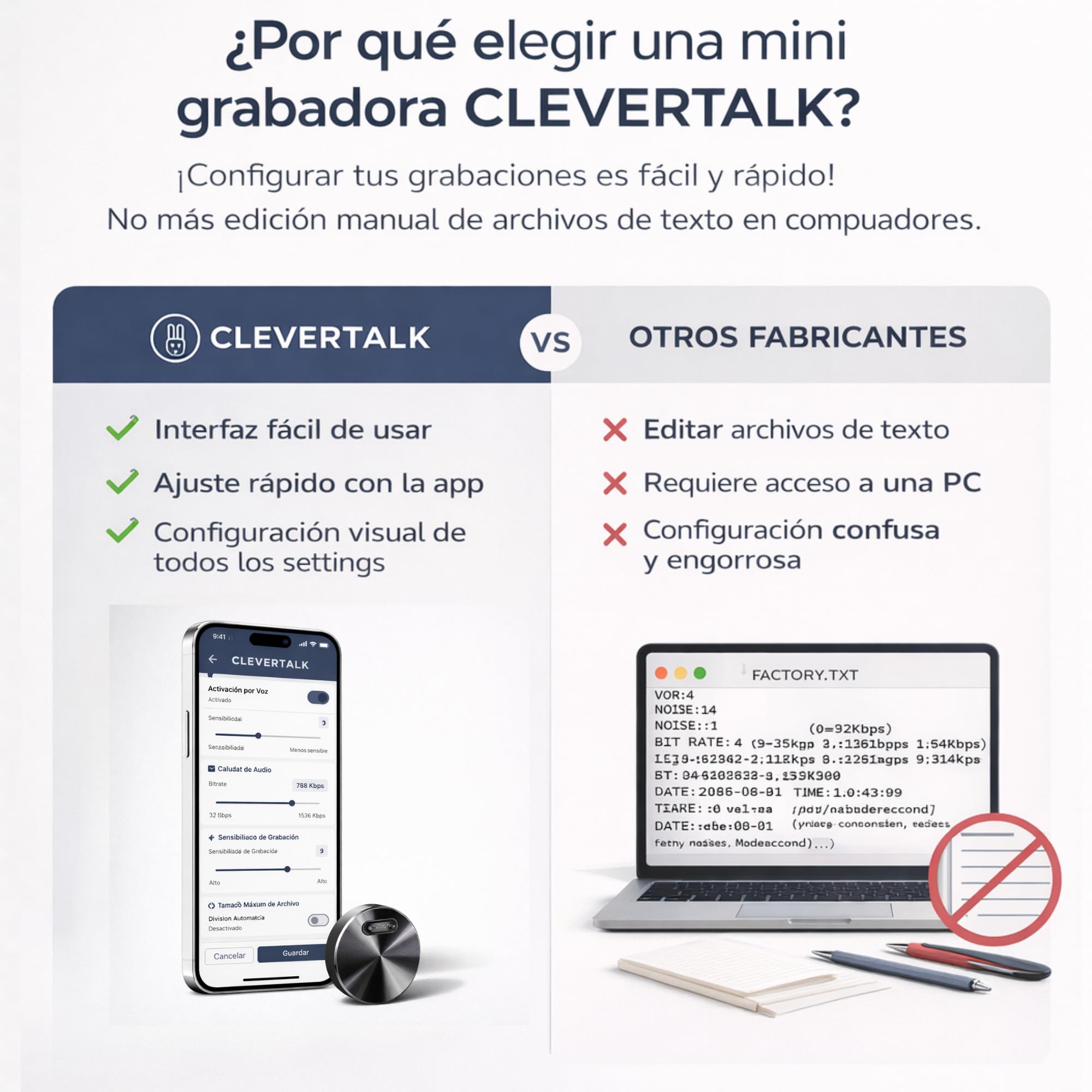 CleverTalk Q37 Grabadora de Voz con IA | Activada por Voz | App Móvil, Mac, Windows y Web | Cloud Europea GDPR | 64GB | Audio HD 1536kbps | USB-C