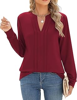 Blusas plisadas de manga larga con cuello en V Henley, blusas plisadas, elegantes, casuales, holgadas, para otoño, camisetas básicas 2025