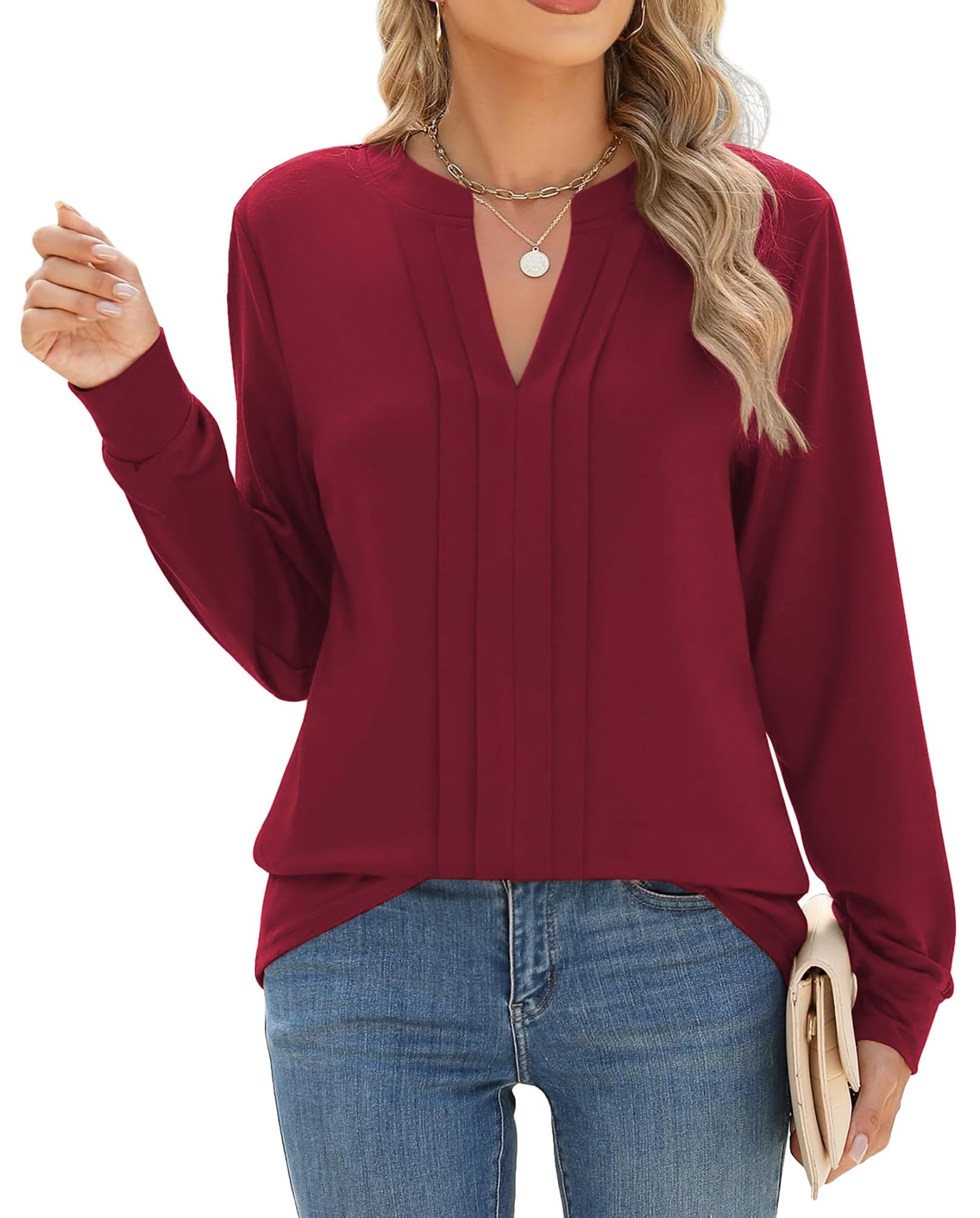 Zeagoo Womens Long Sleeve Tops Henley V Neck Shirts Pleated Blouses Dressy Casual Fall Loose Tunic Tops 2025 Basic Tees