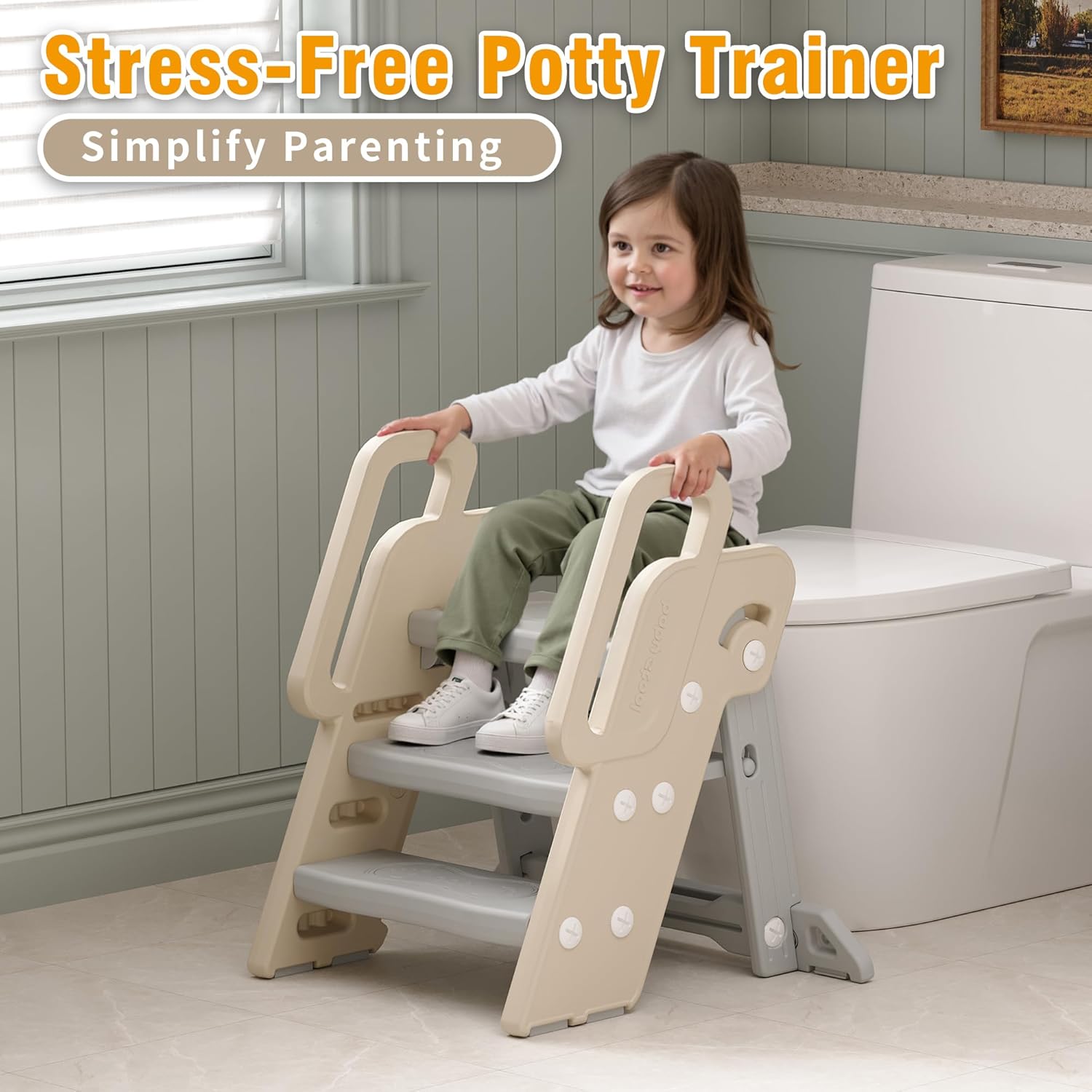 Foldable Step Stool for Bathroom Sink - Adjustable Toilet Trainer & Anti-Tip Guard - Kitchen Learning Stool with Safety Rail,Bookshelf Ladder for Toddlers with Safety Lock,Grey