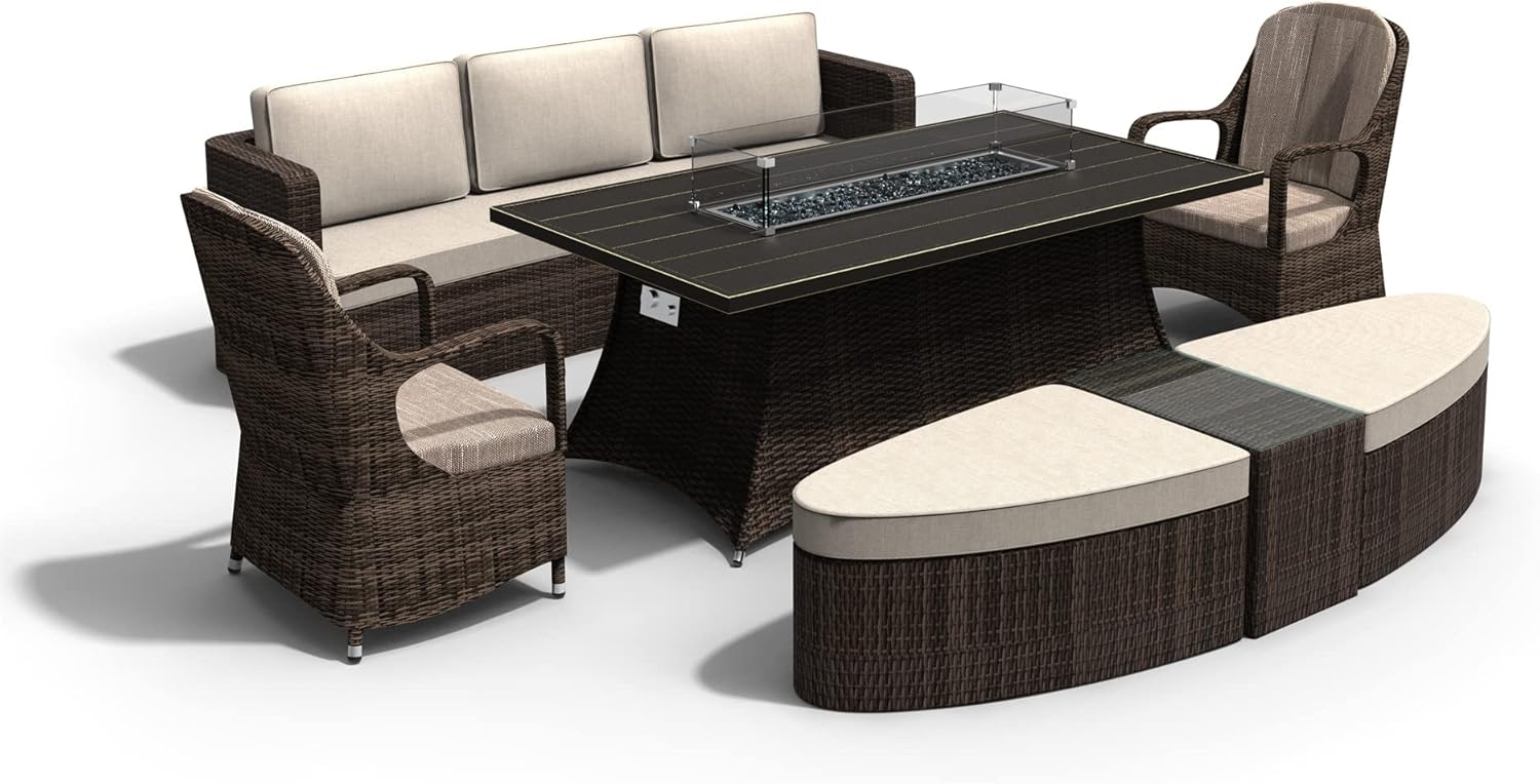 Abrihome Brown 7 Piece PE Rattan Outdoor Rectangular Fire Pit Dining Table Set with